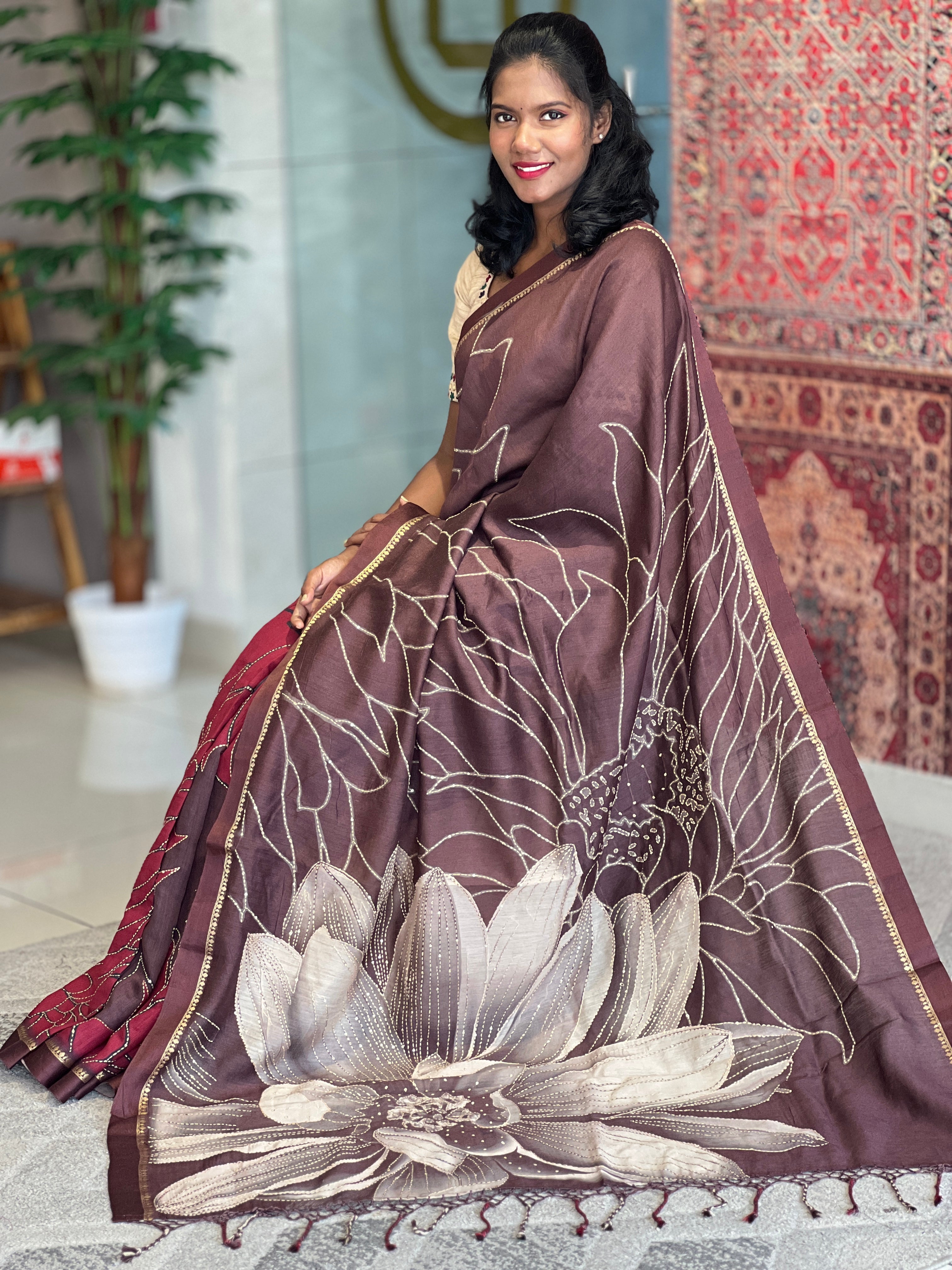 Floral Print With Kantha Highlighted Muga Tussar Saree | KSD244