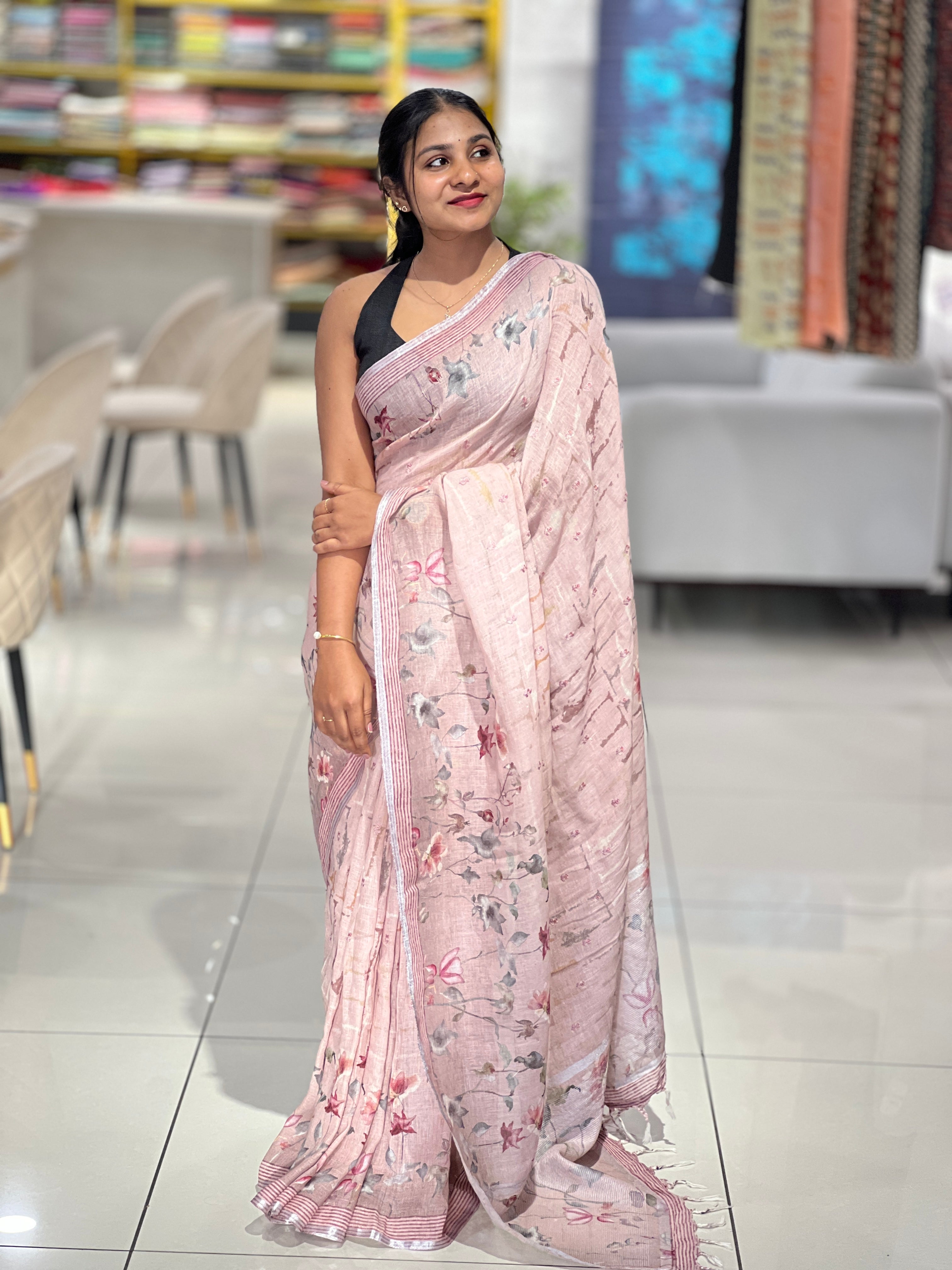 Floral Digital Print Detailed Linen Saree | SMC170