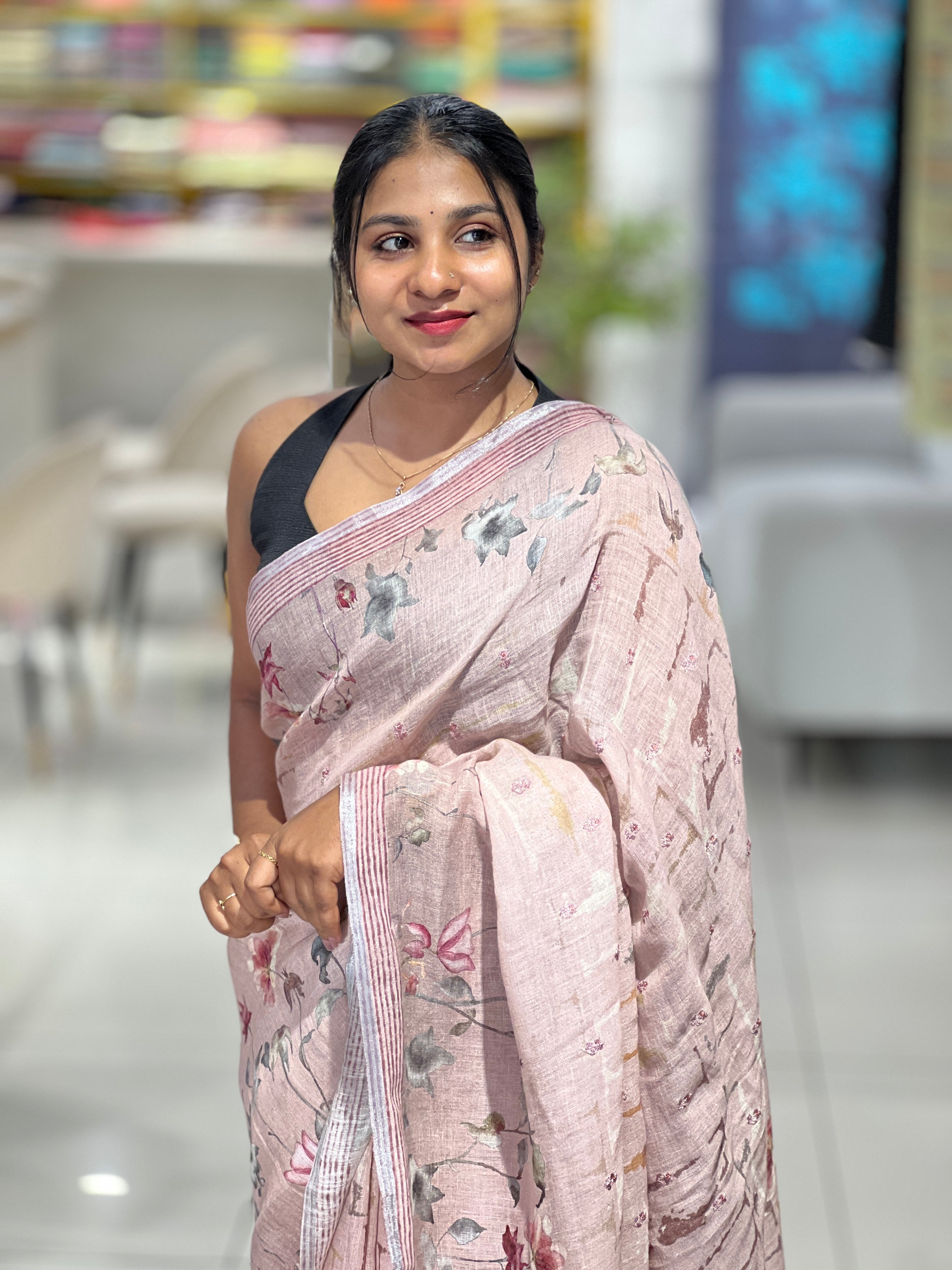 Floral Digital Print Detailed Linen Saree | SMC170