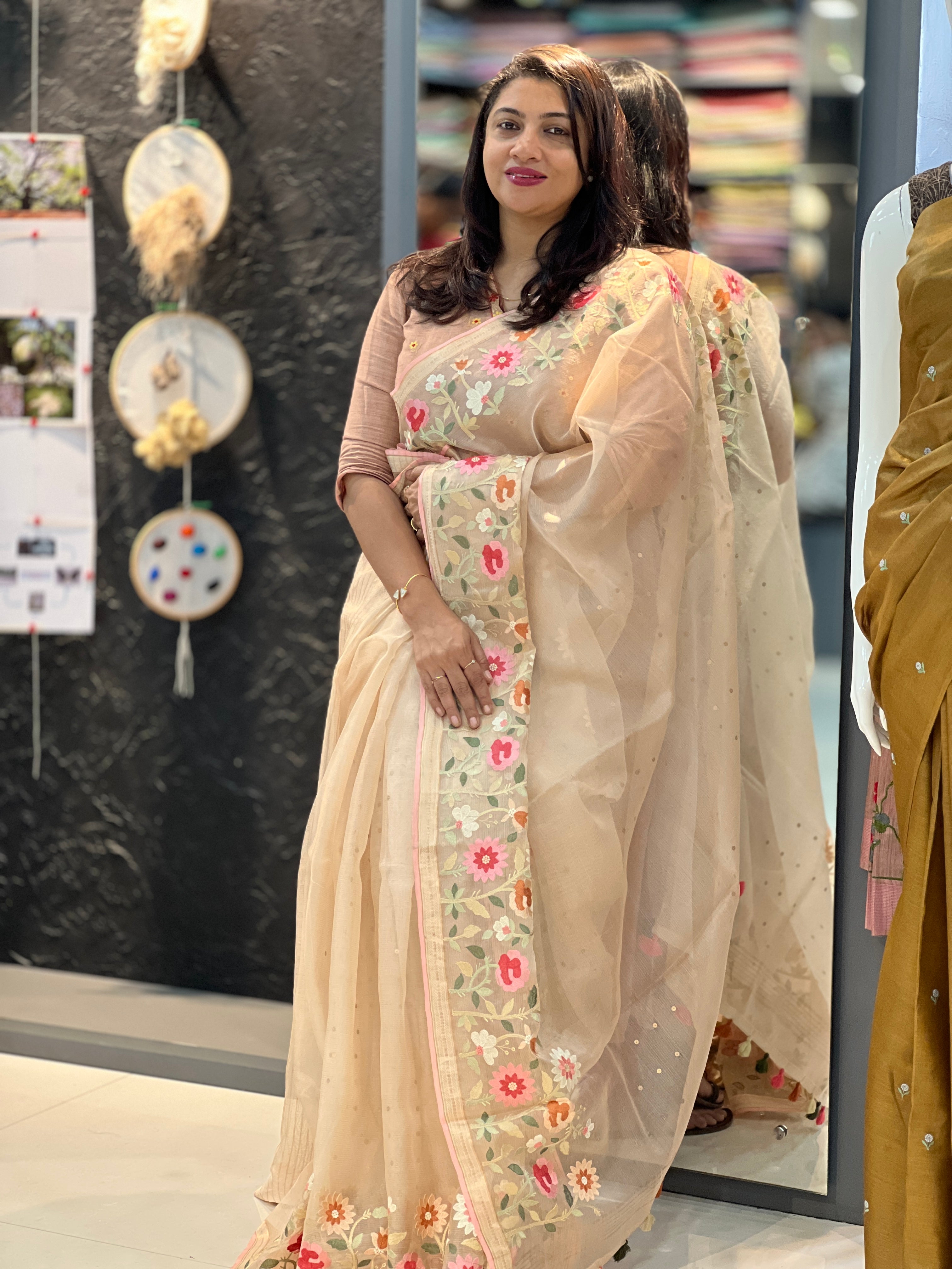 Floral Embroidery Border Tussar Organza Saree | RGD119