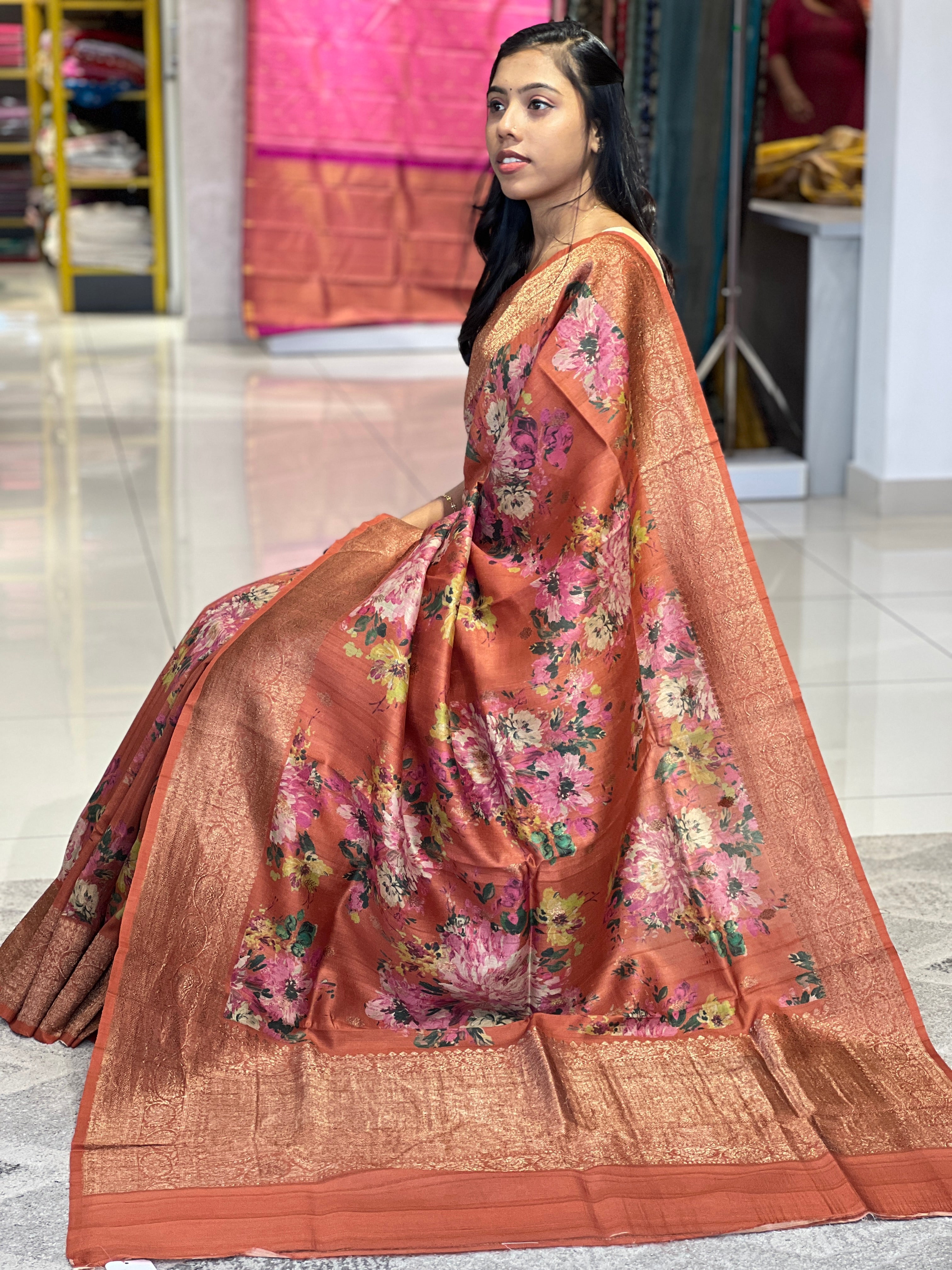 Floral Digital Printed Tussar Saree | UVS130