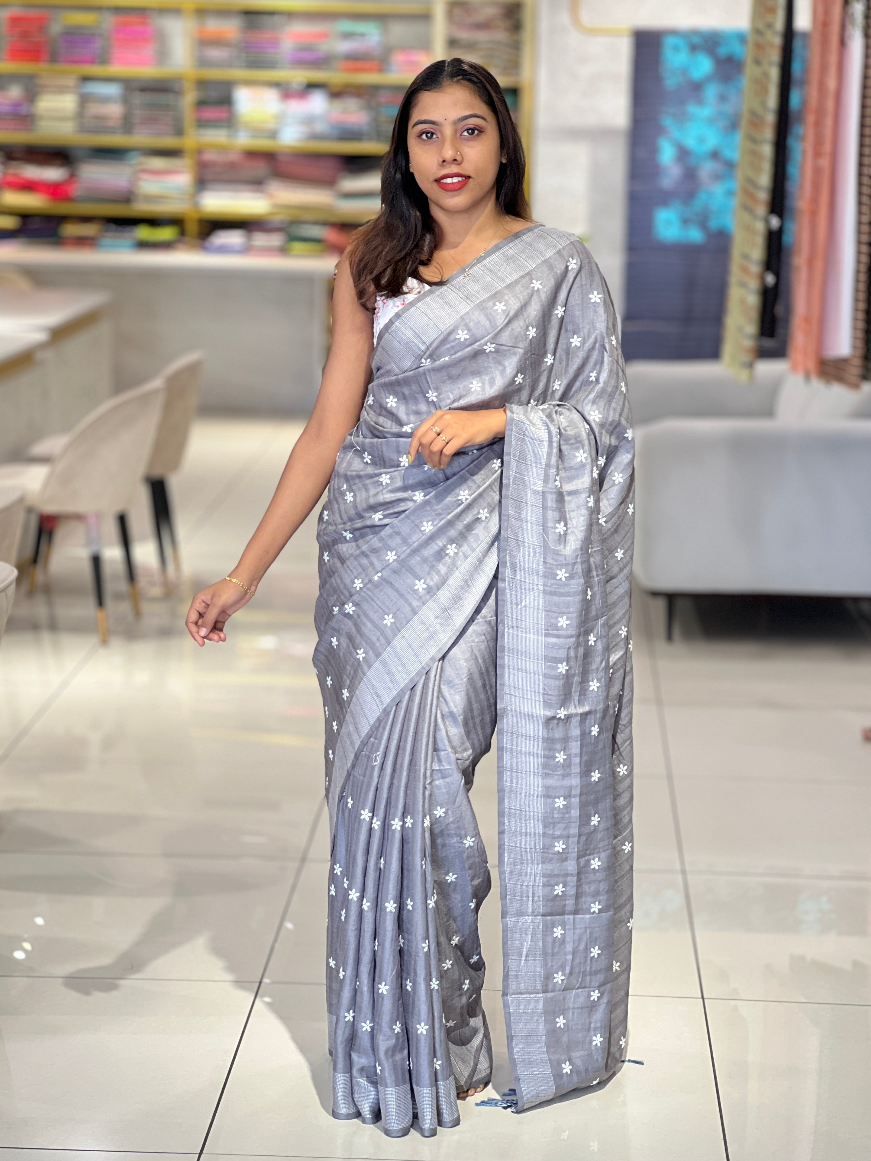 Lazy Daisy Machine Embroidered Tussar Finish Saree | SUN453