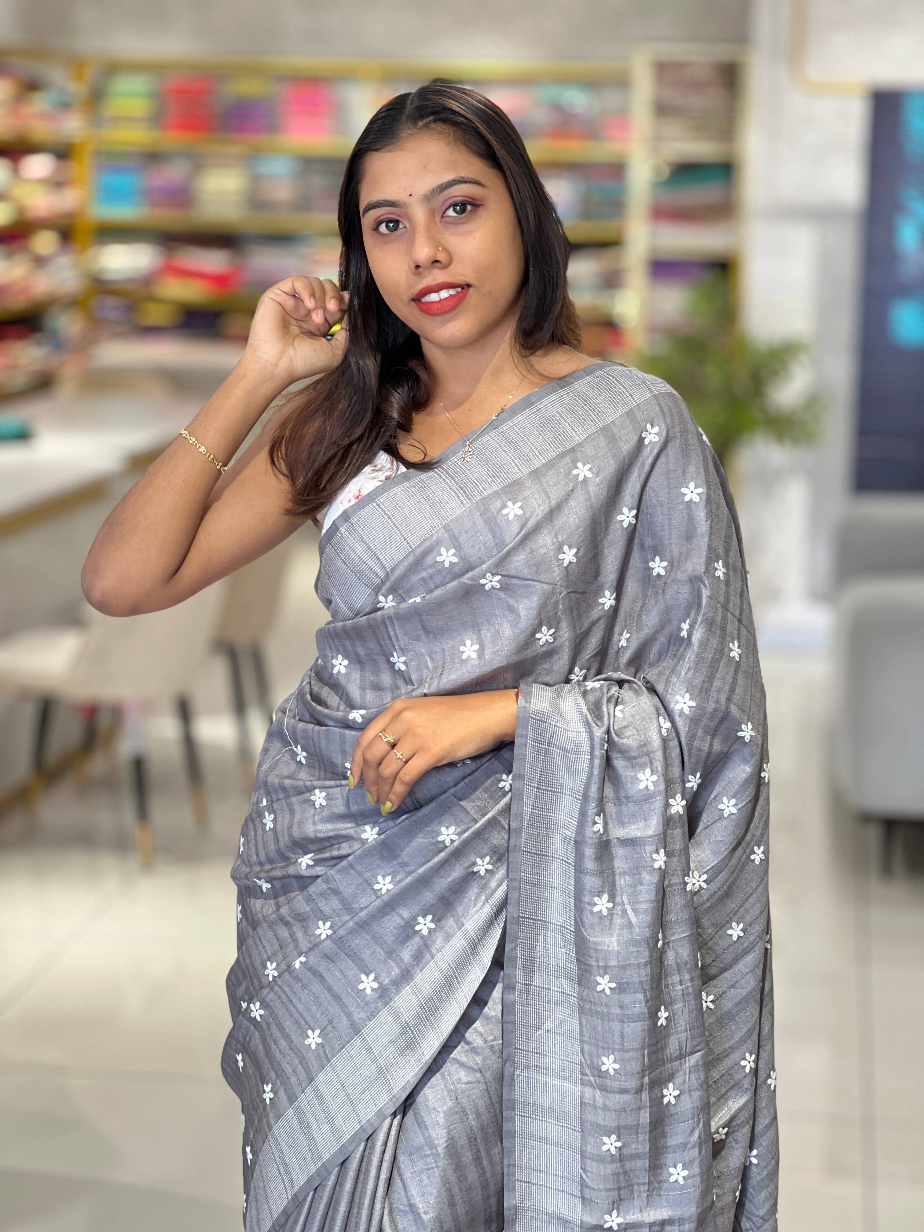 Lazy Daisy Machine Embroidered Tussar Finish Saree | SUN453
