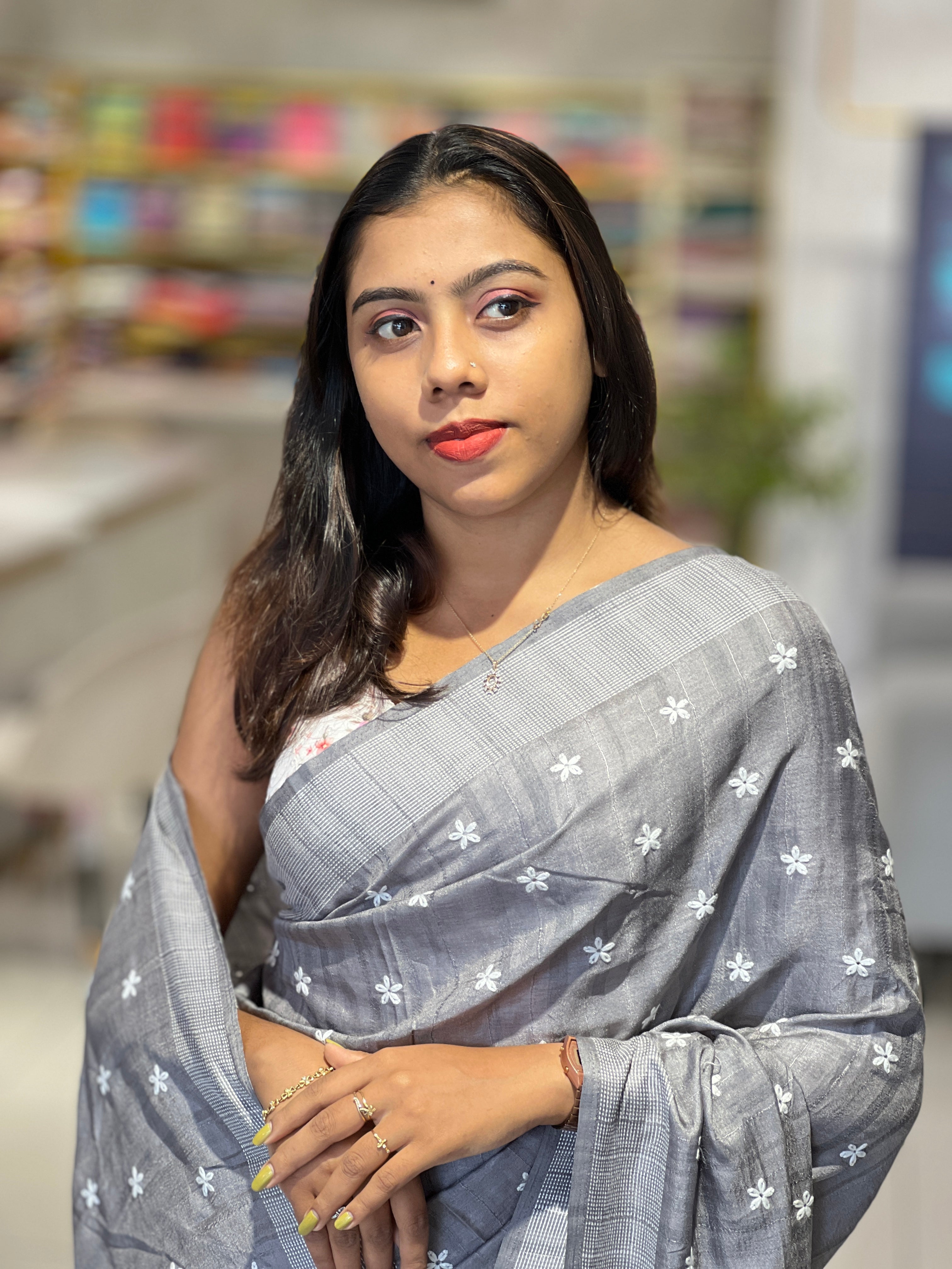 Lazy Daisy Machine Embroidered Tussar Finish Saree | SUN453
