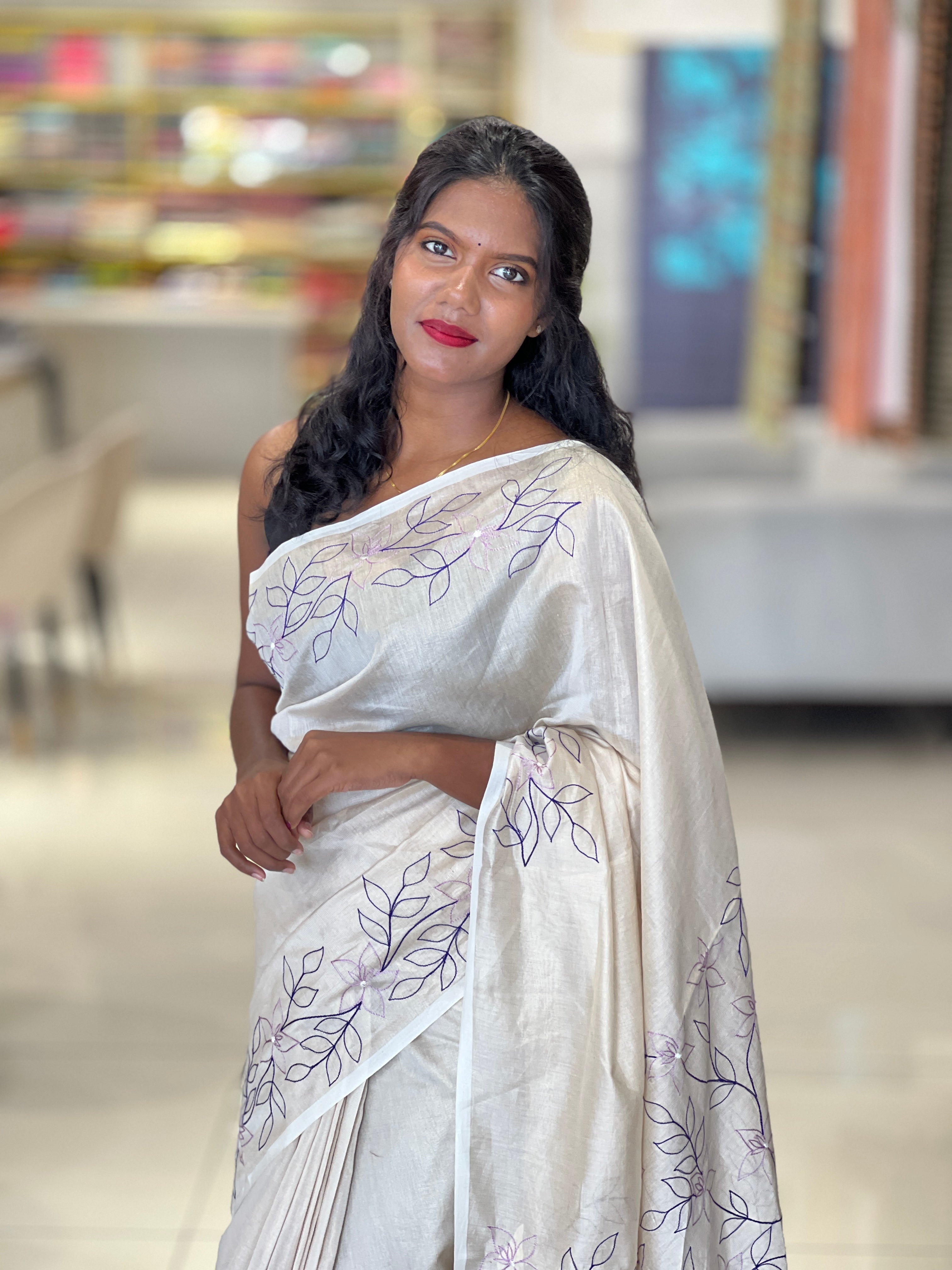 Leaf & Floral Jaal Embroidery Detailed Tissue Chanderi Silk Saree | DN779