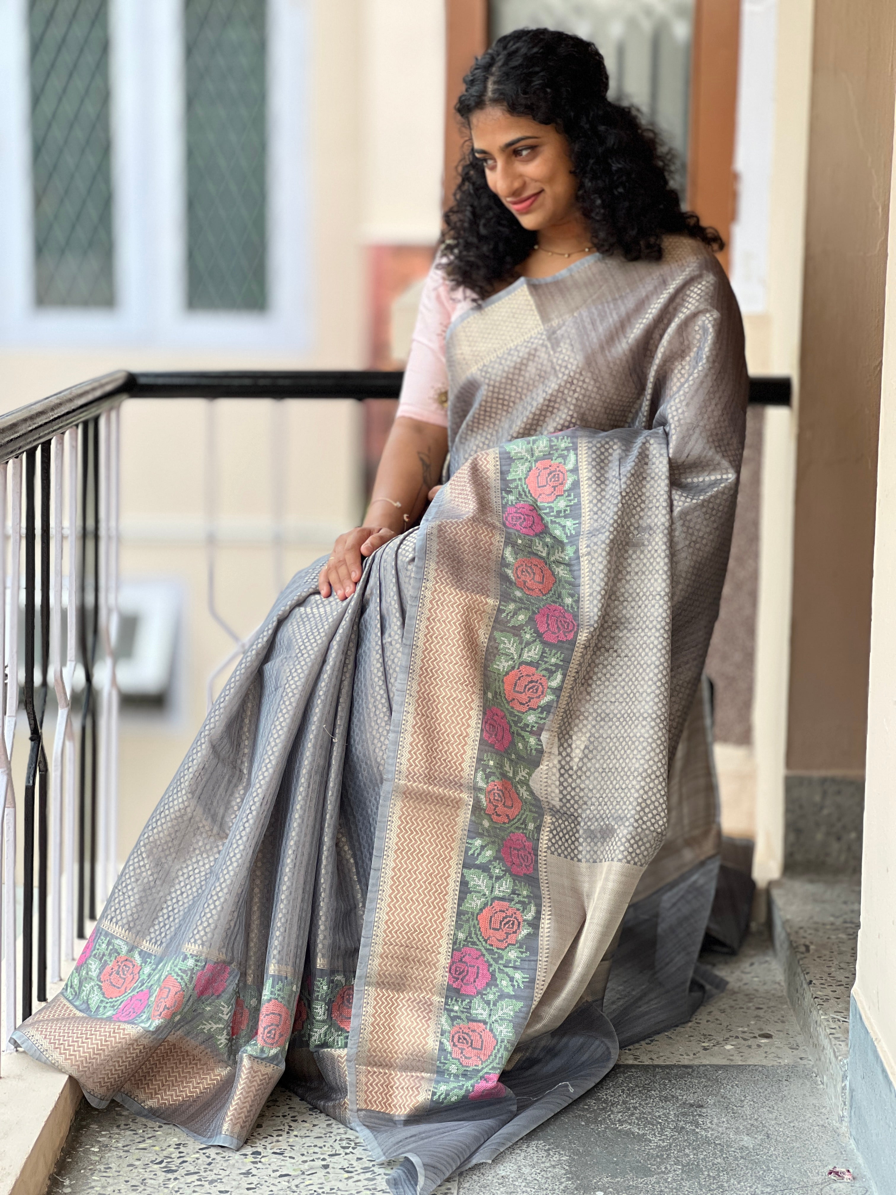 Cross Stitch Embroidery Semi Silk Saree | BLD154