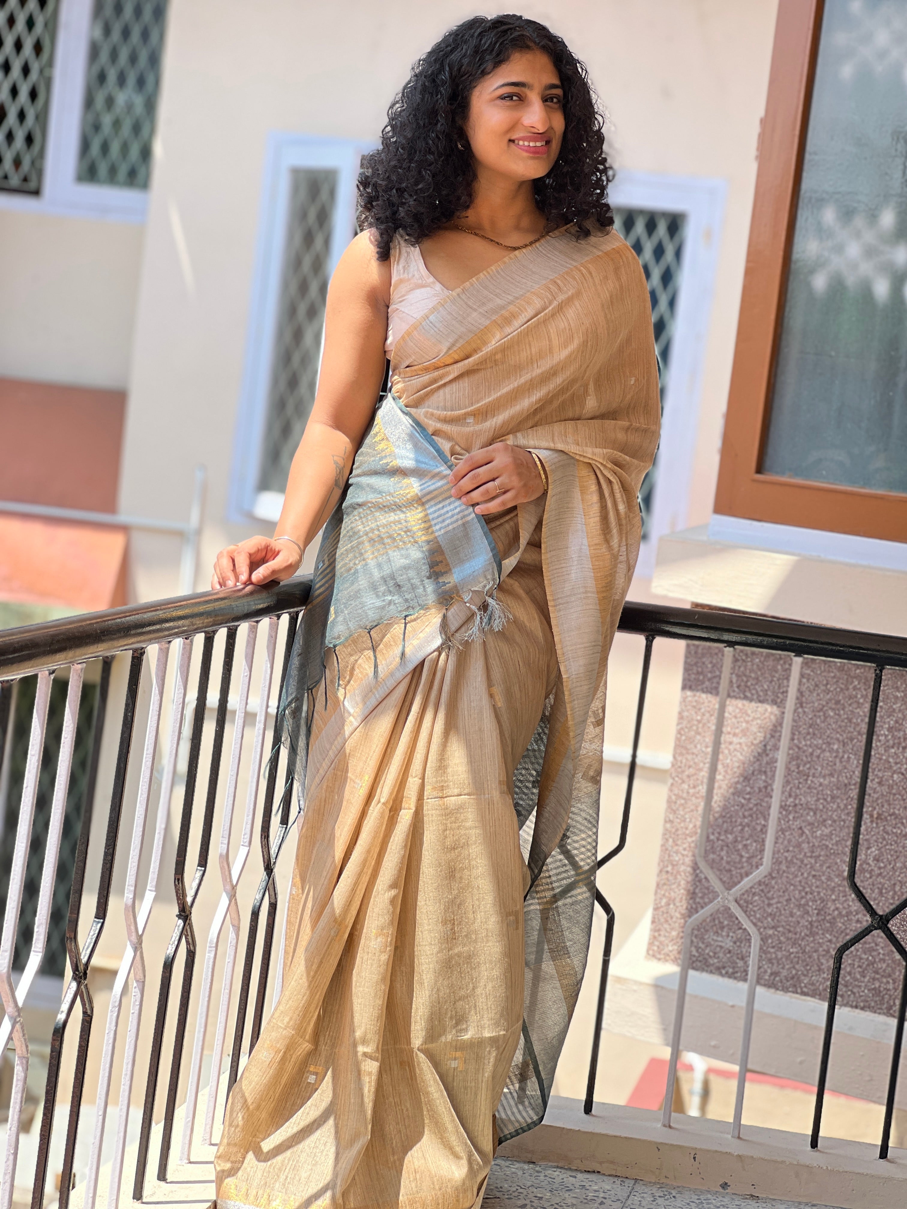 Antique Golden and Silver Zari Border Design Bhagalpuri Linen Saree | SK257