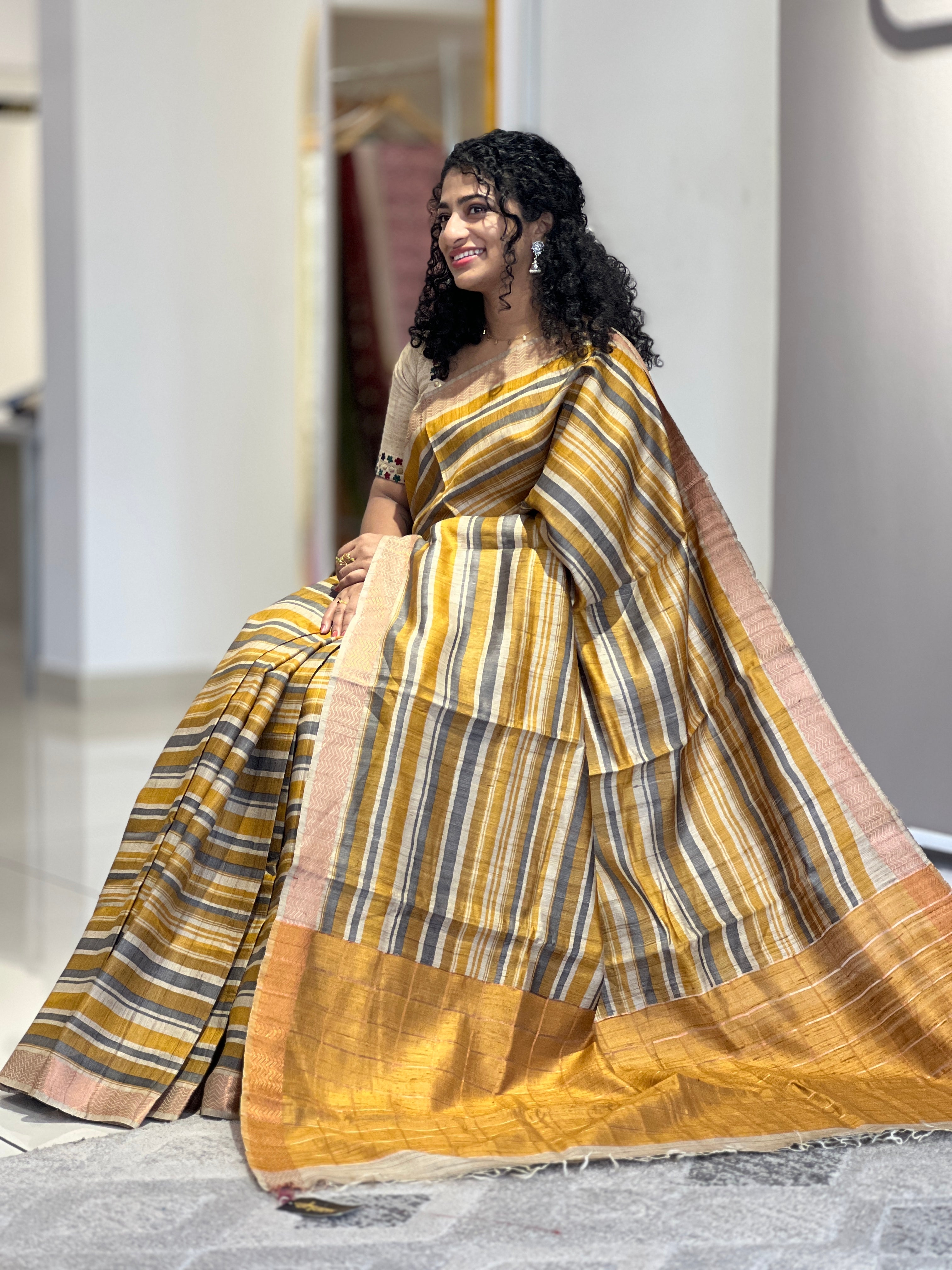 Stripe Pattern Desi Tussar Saree | HS1205