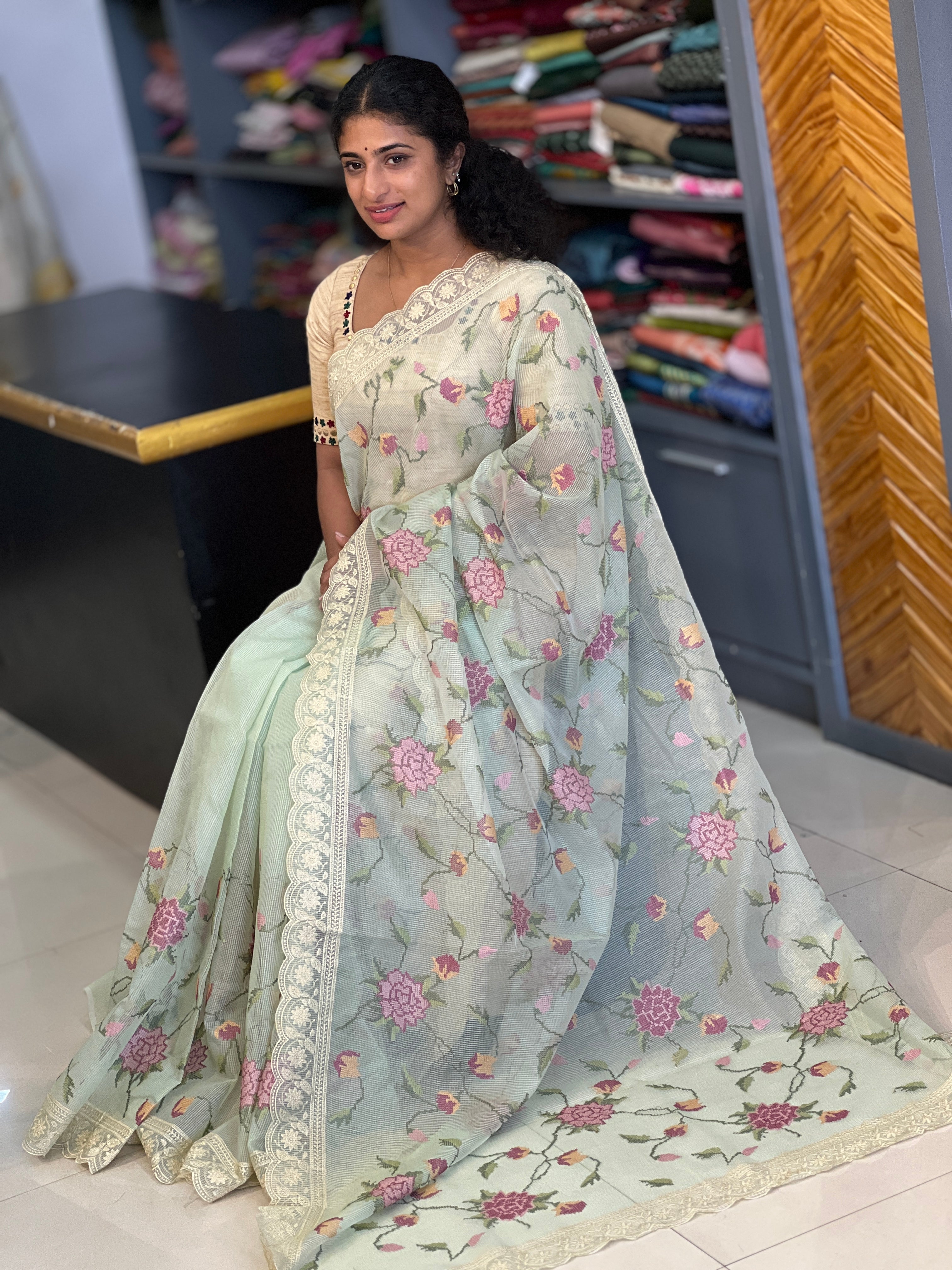 Floral Cross Stitch Embroidered Kota Saree | GMS106