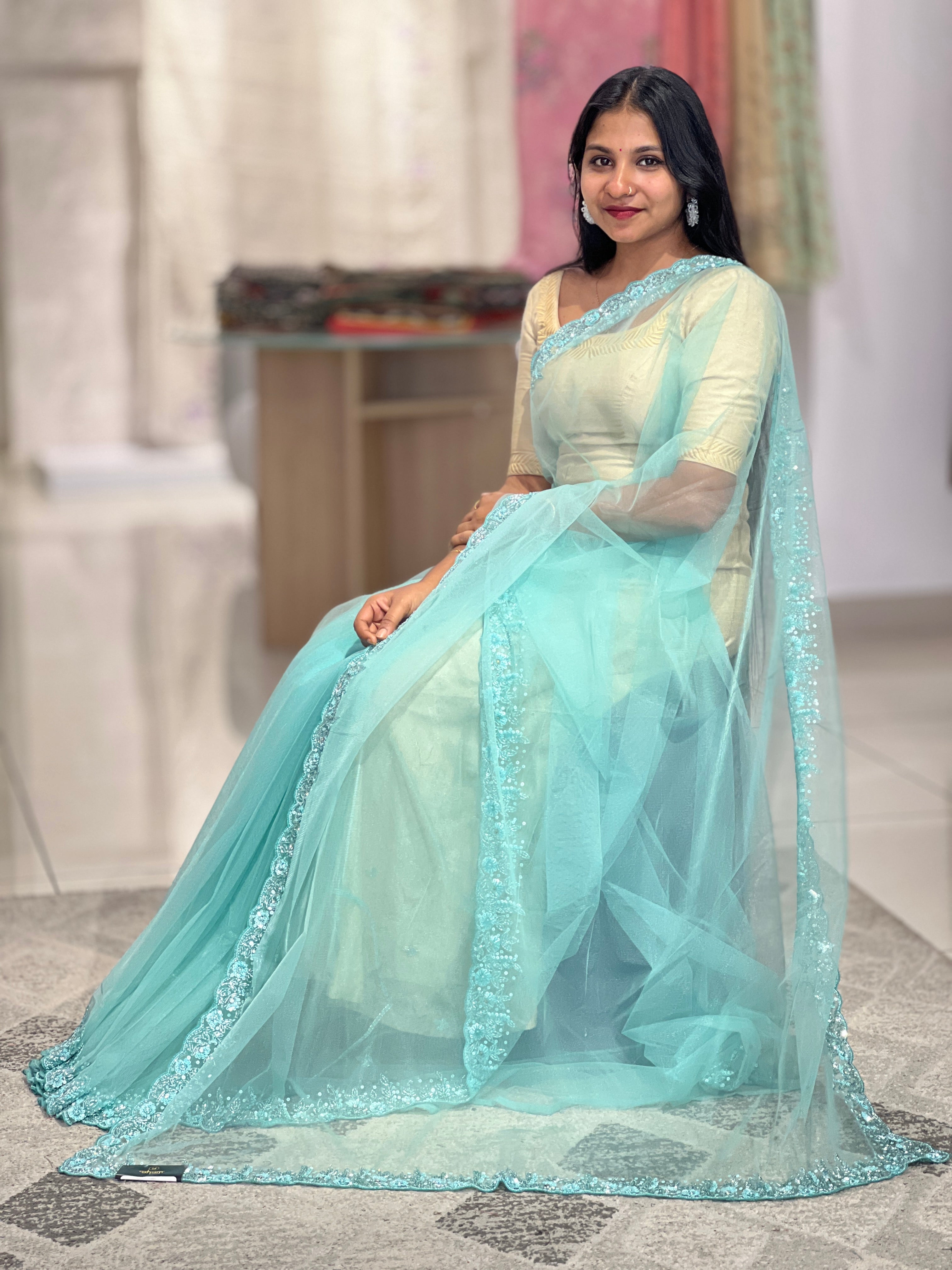 Beads Work Embroidered Net Saree | SBP797