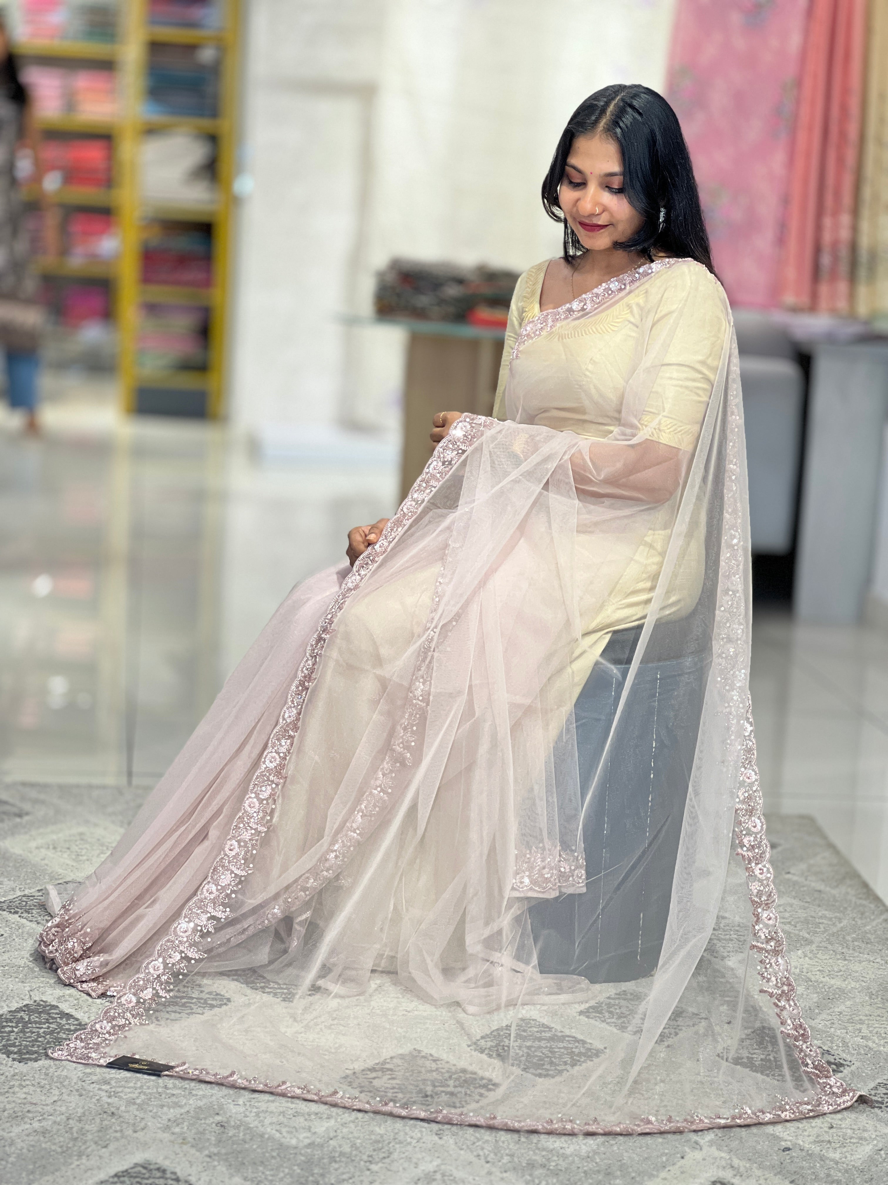 Beads Work Embroidered Net Saree | SBP795