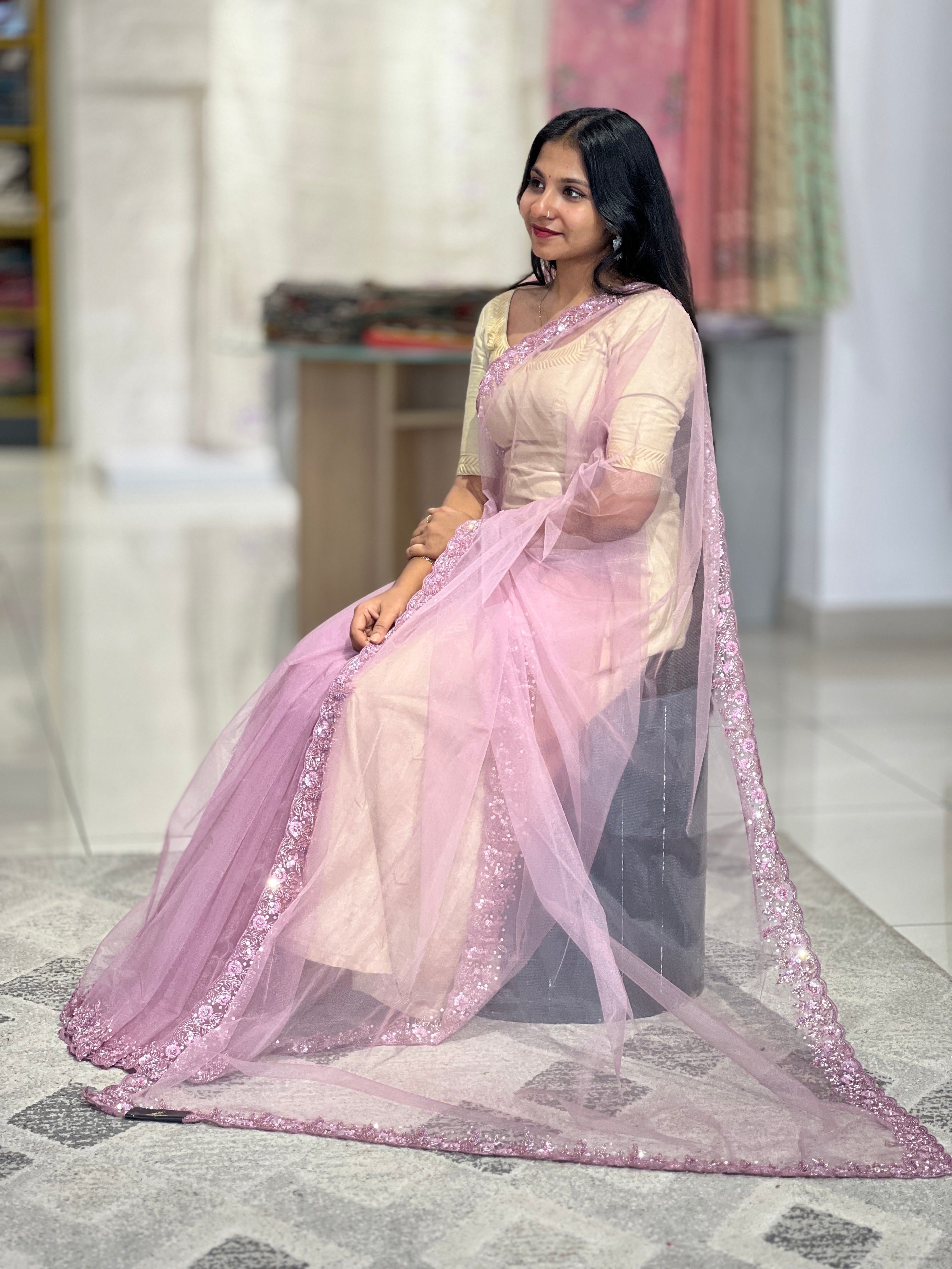 Beads Work Embroidered Net Saree | SBP796