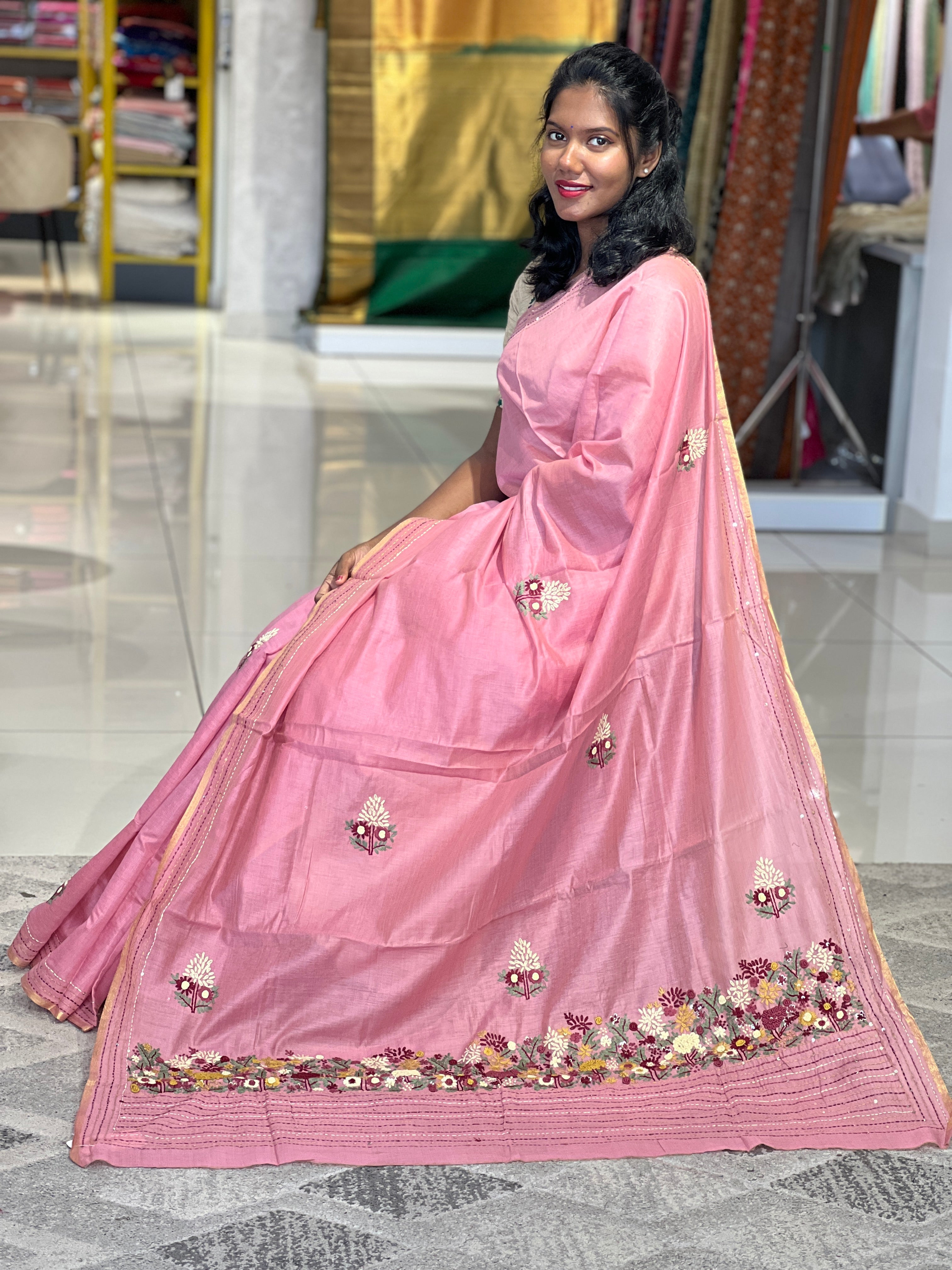 Hand Embroiderd Bhagalpuri Linen Saree | AYD107