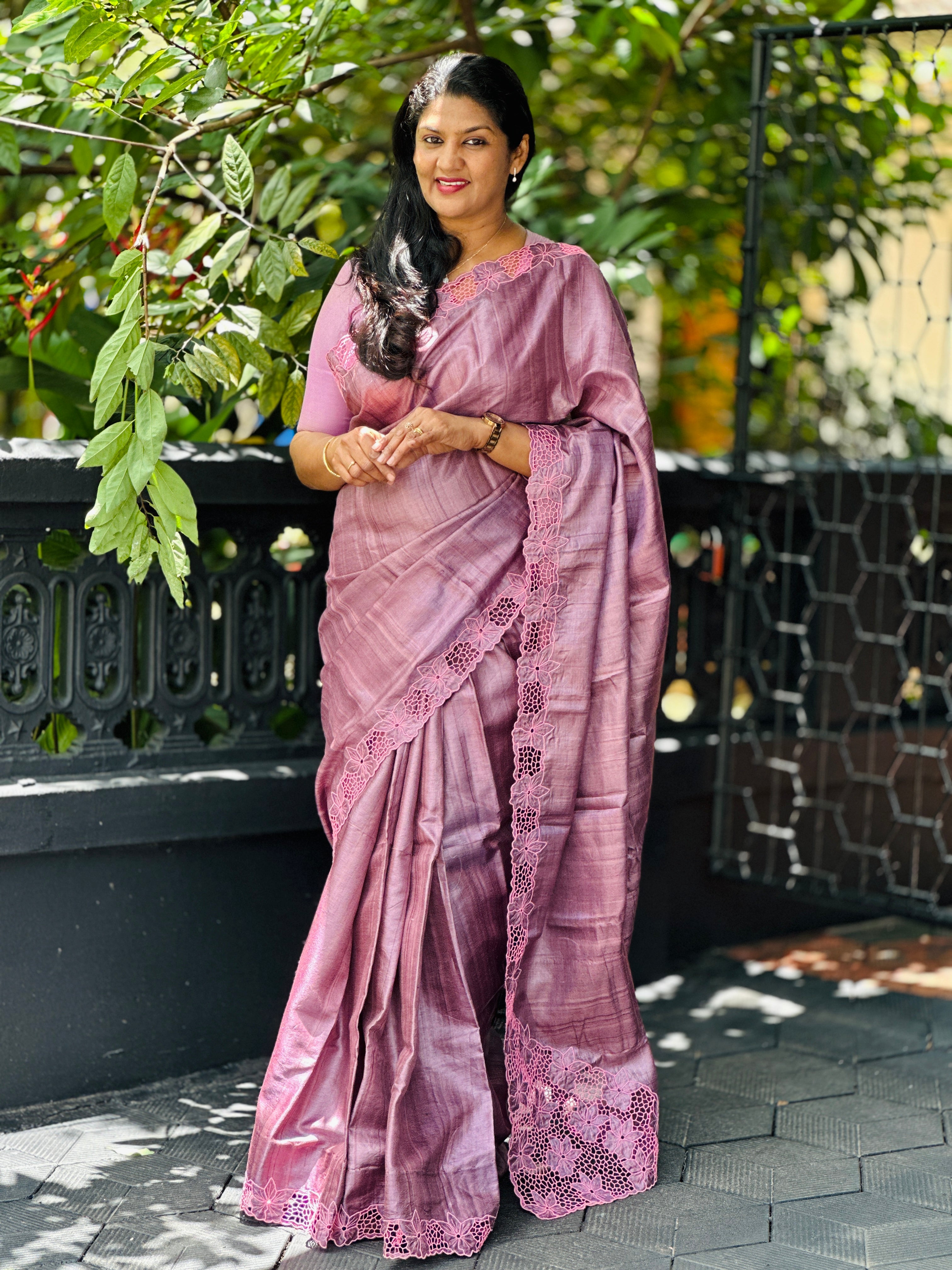 Twine Cut Work With Floral Embroidered Desi Tussar Saree | TC423