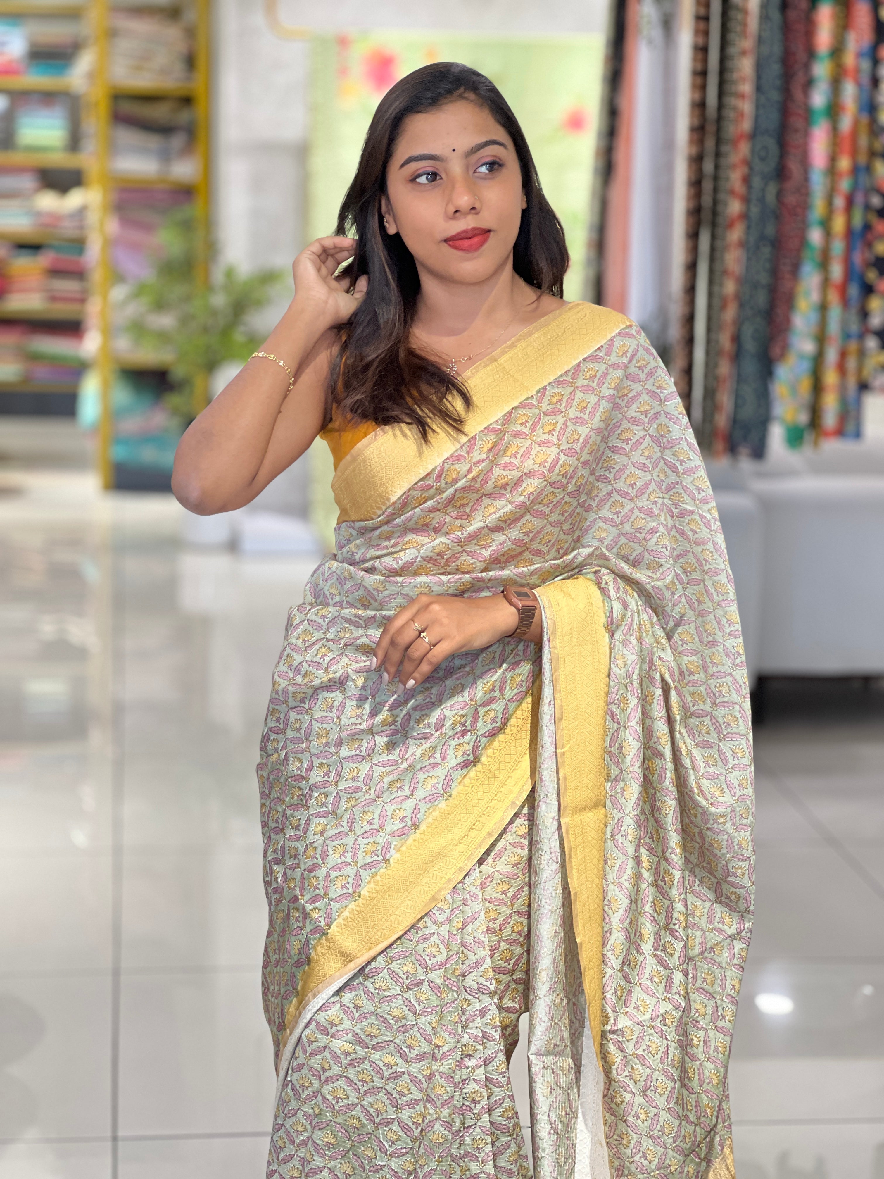 Block Printed  Modal Chanderi Saree | SMC108