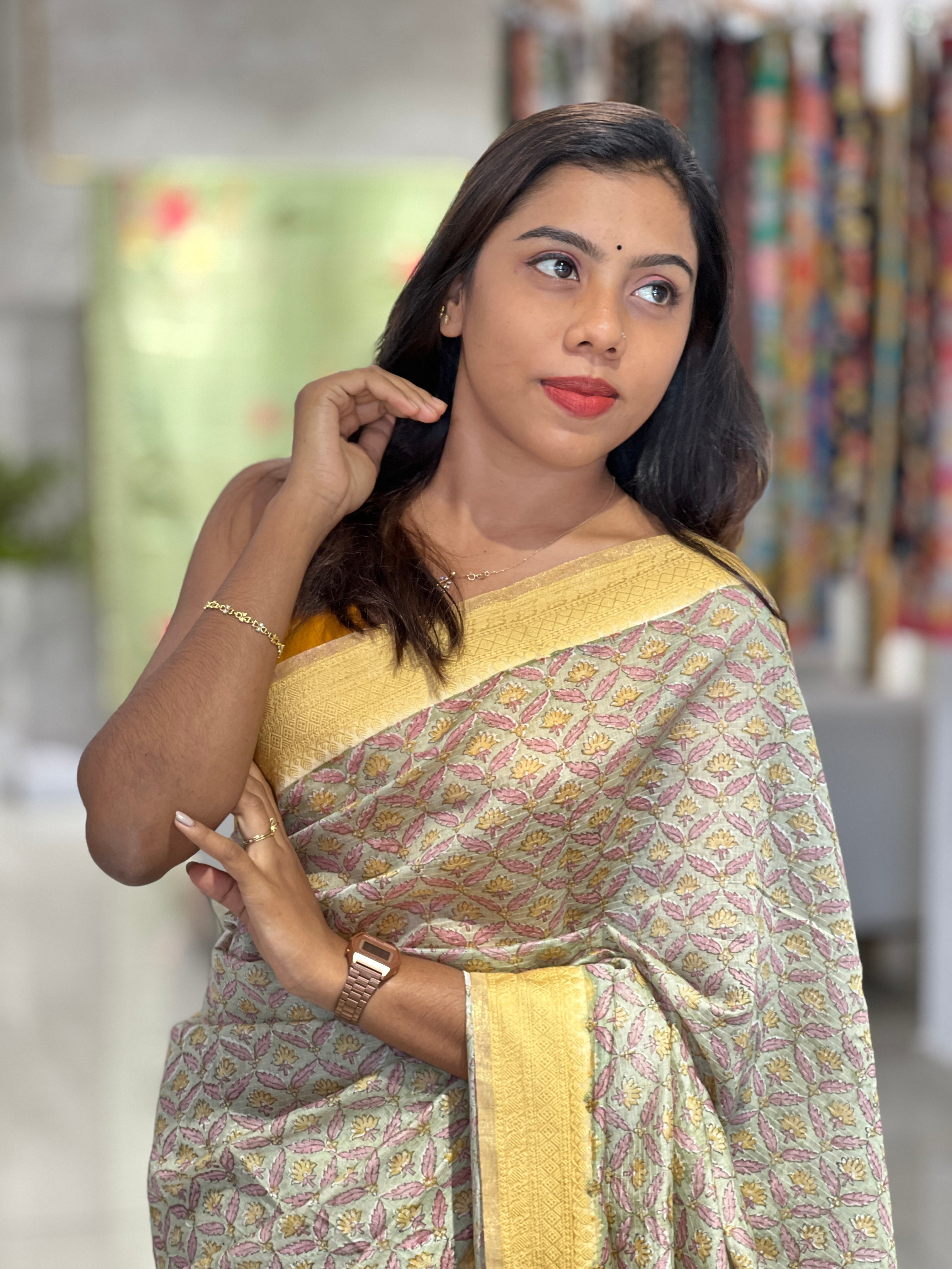Block Printed  Modal Chanderi Saree | SMC108