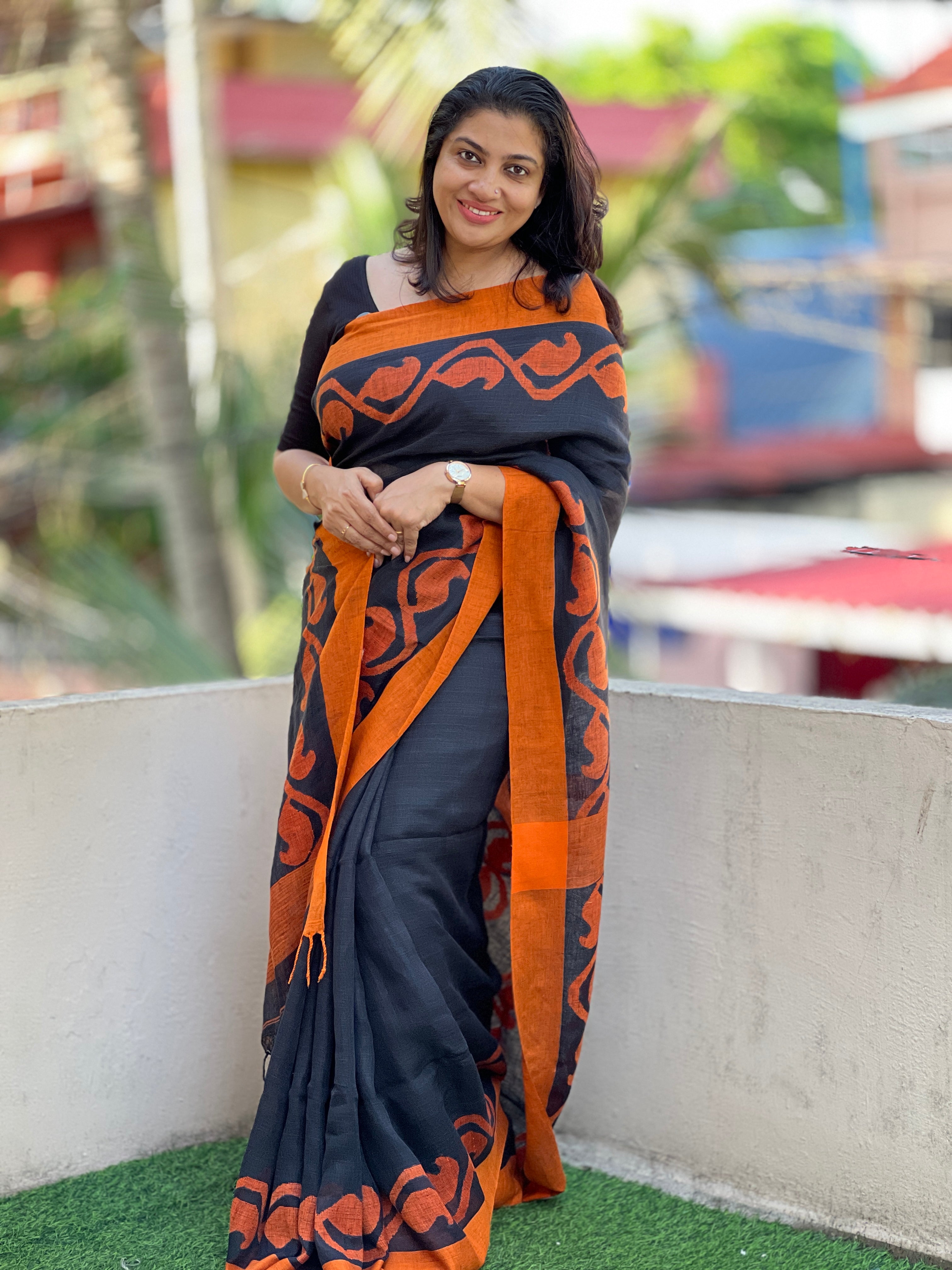 Hand Loom Jamdani Weaving Pure Linen Saree | RGD681