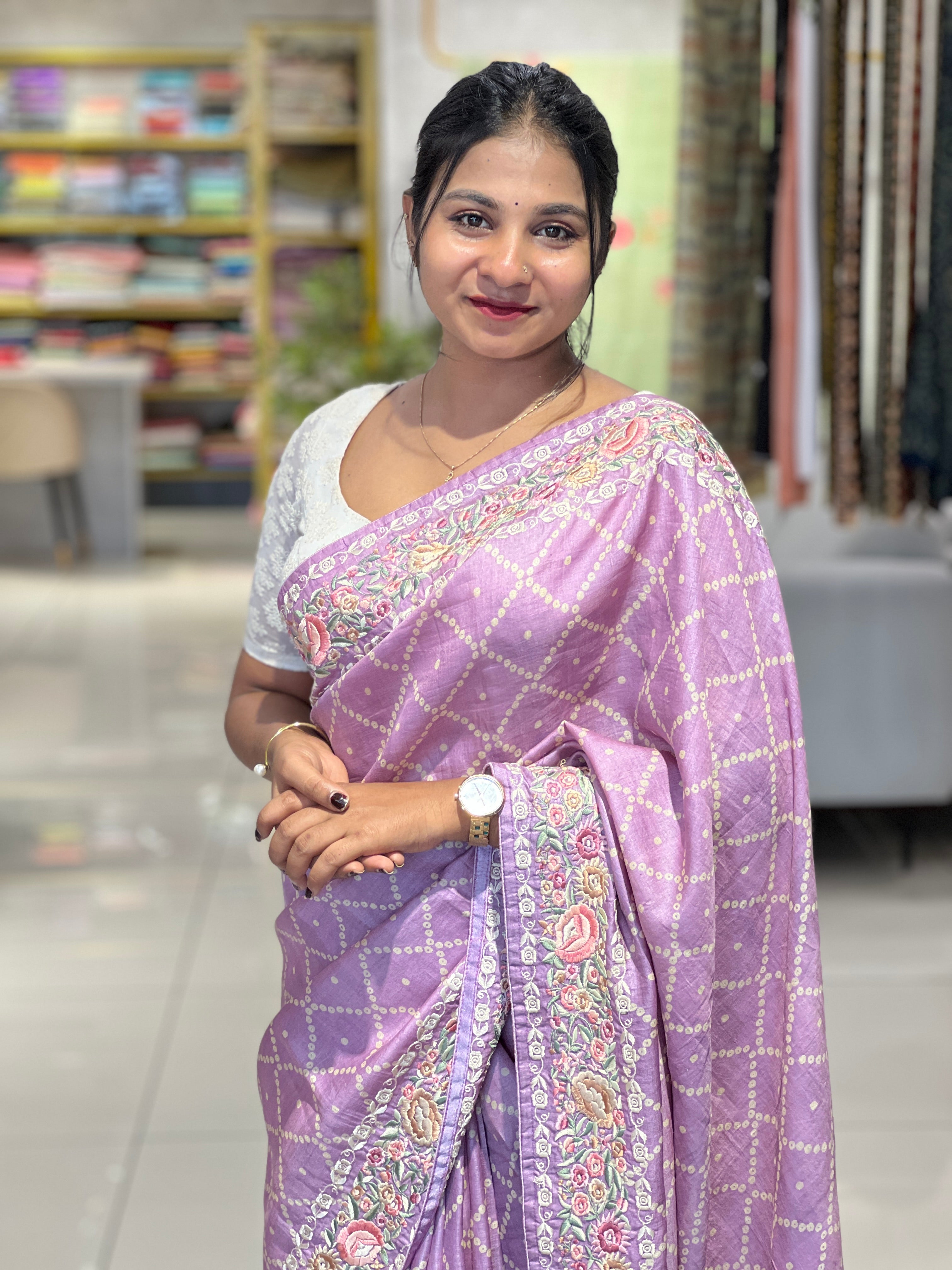 Multicolor Floral Embroidery Border Tussar Saree | SBS796