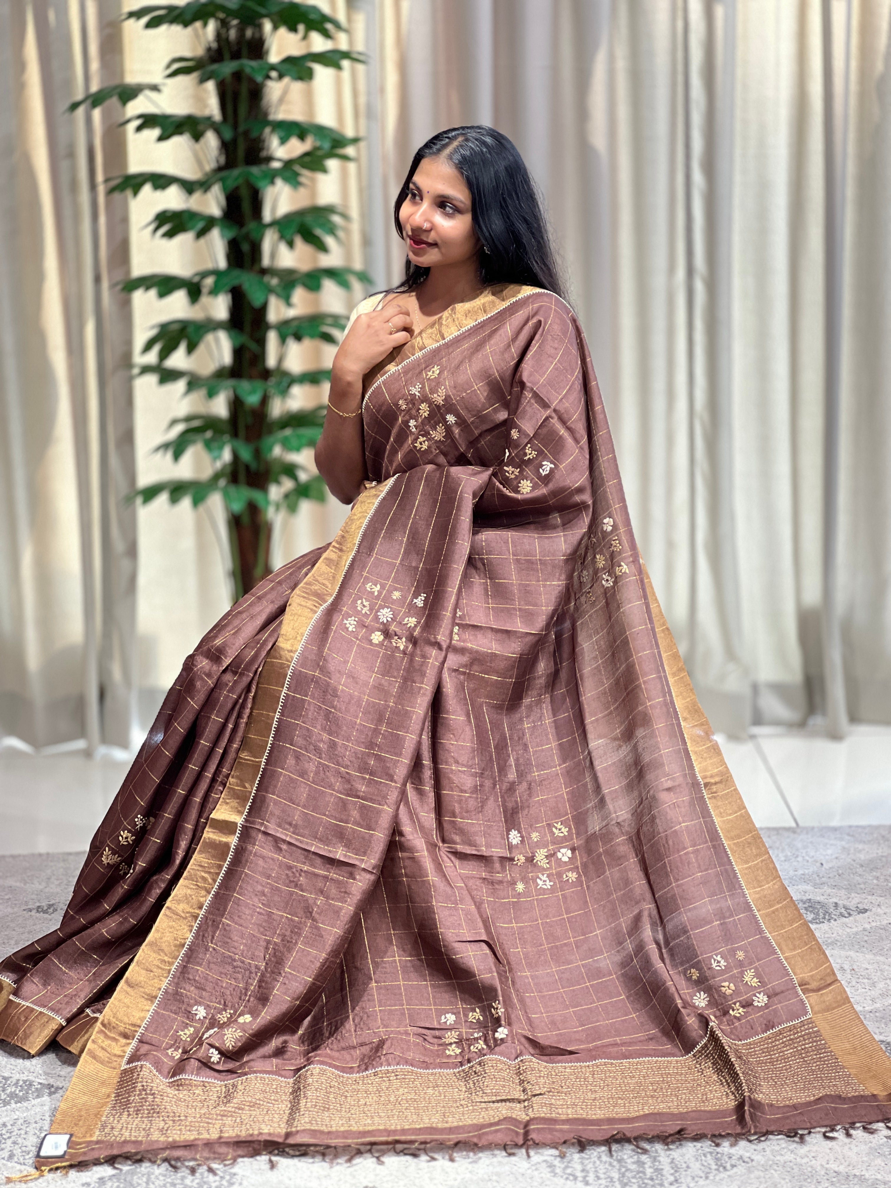 Zari Check With Hand Embroidered Desi Tussar Saree | RGD659