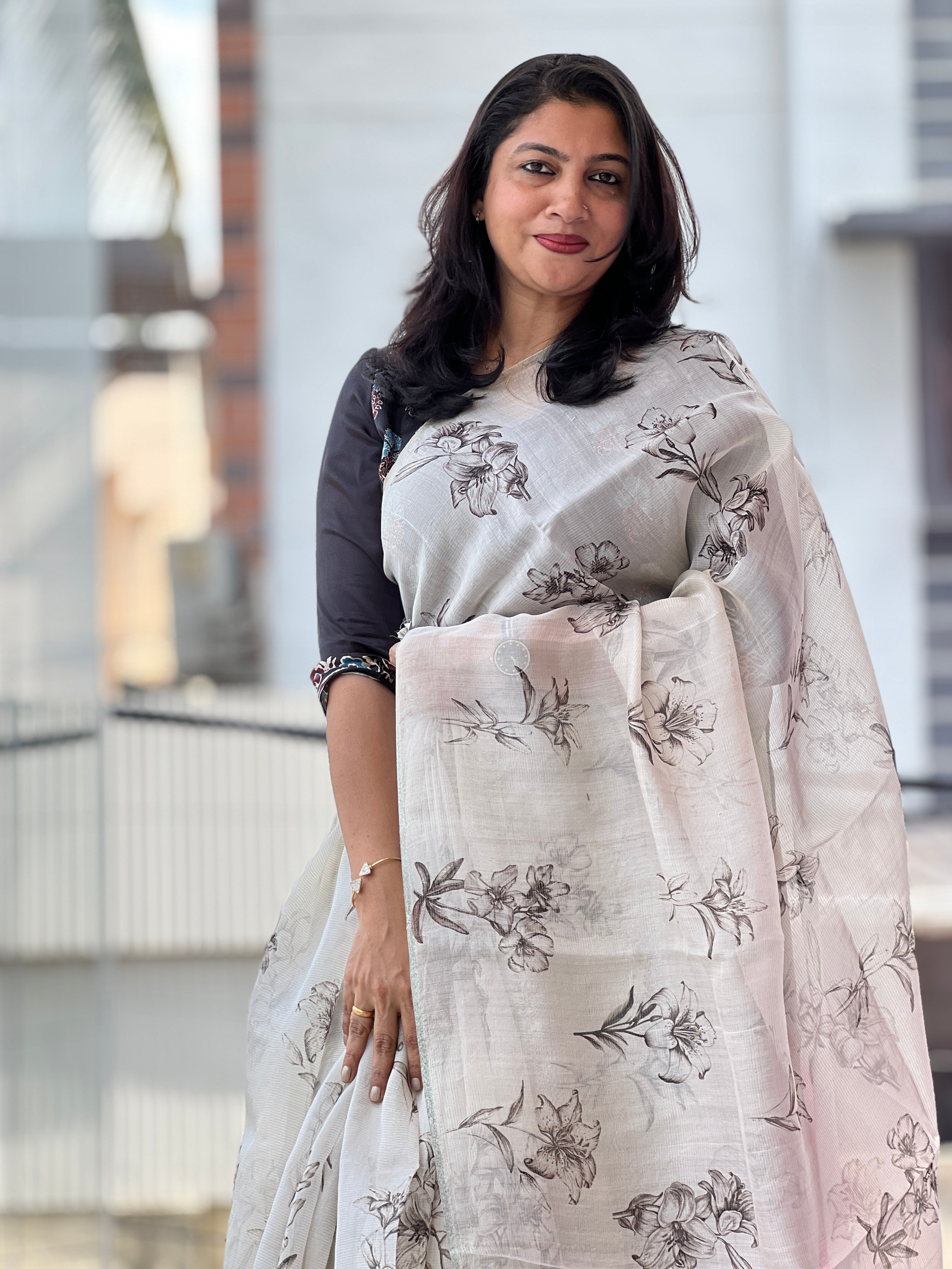 Floral Printed Tussar Tissue Saree | UVS125