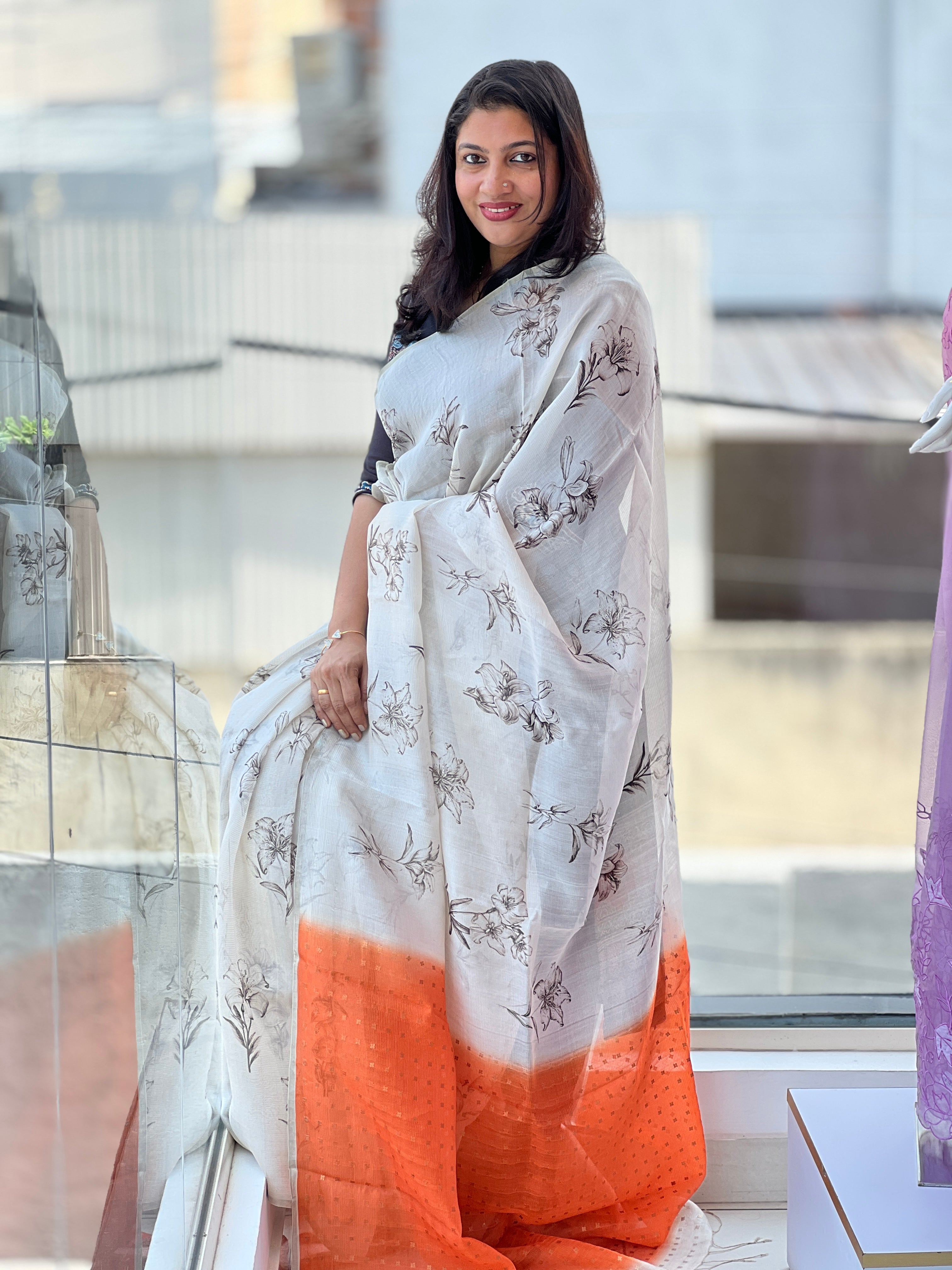 Floral Printed Tussar Tissue Saree | UVS126