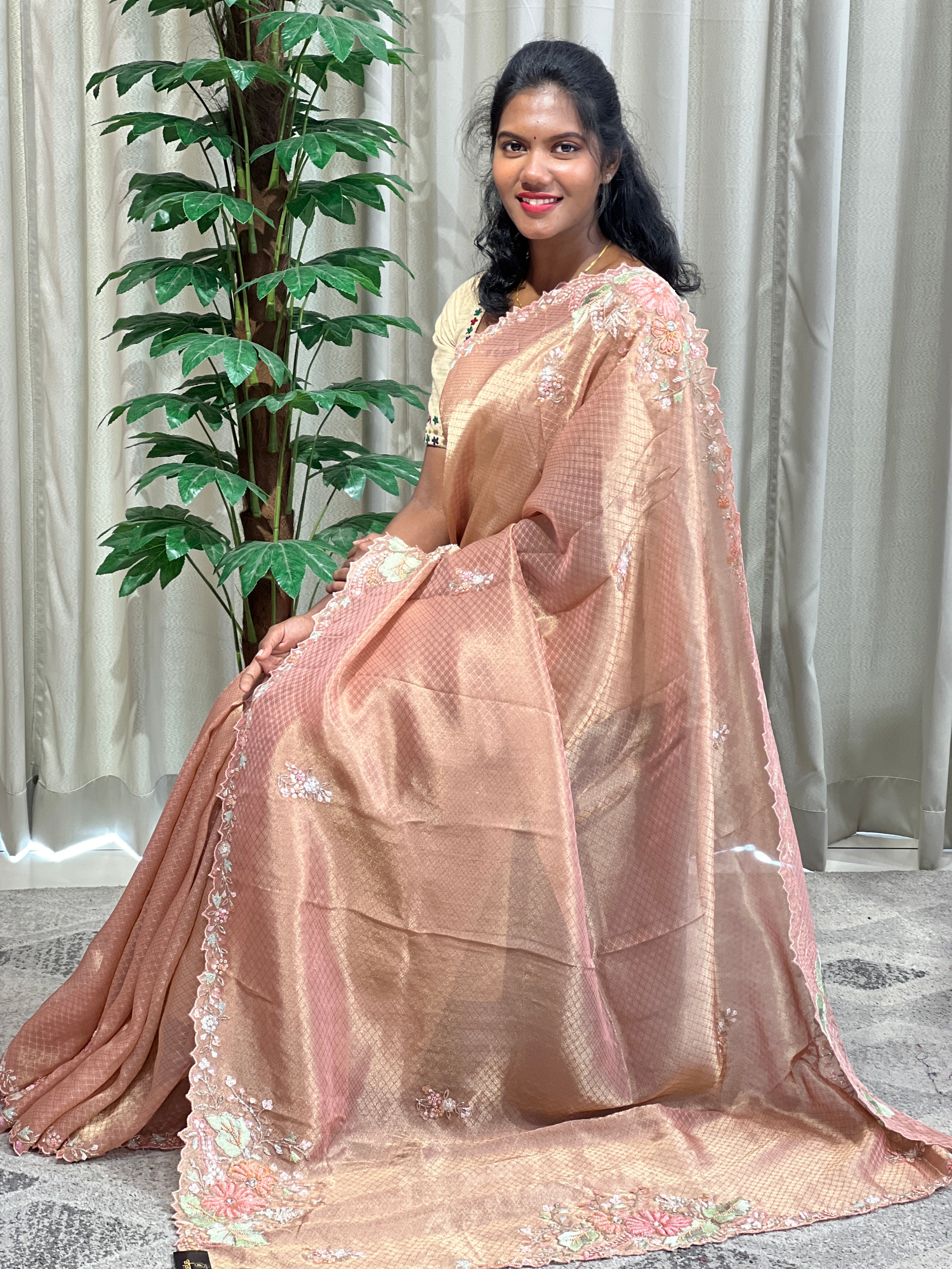 Hand Embroidery With Beads Worked Shimmer Georgette Saree | ZAH118