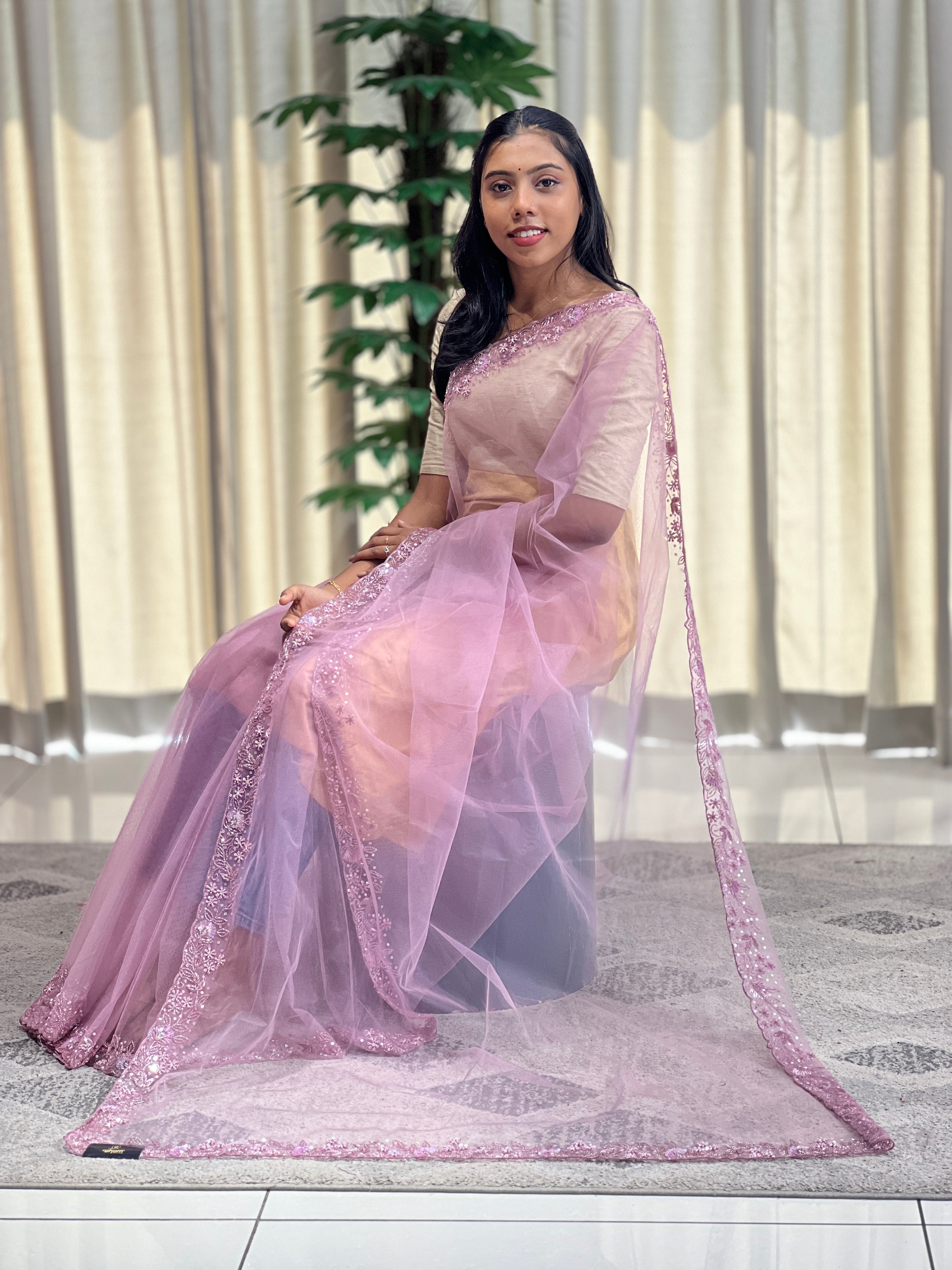 Beads Work Embroidered Net Saree | SBP1017