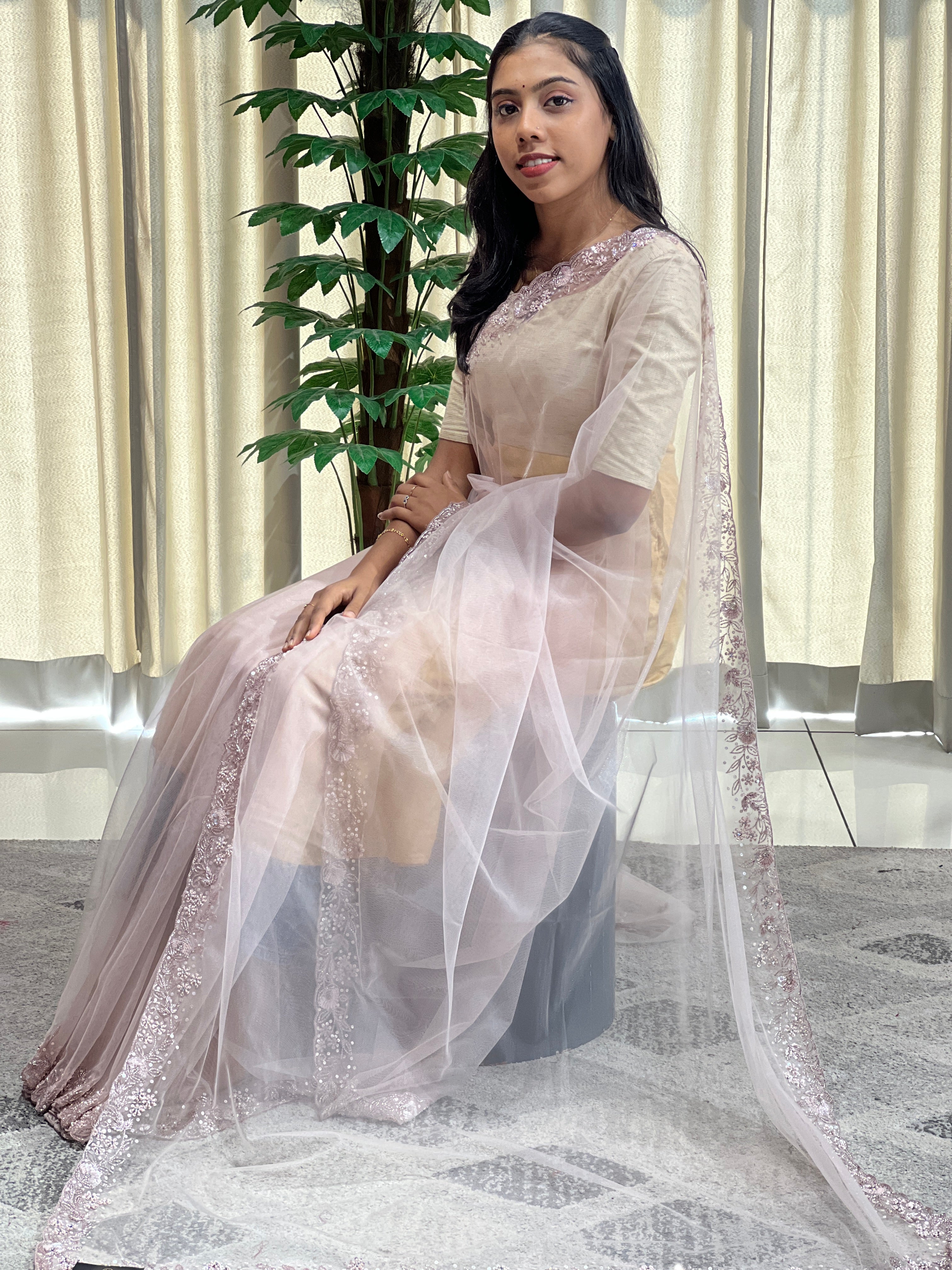 Beads Work Embroidered Net Saree | SBP1018