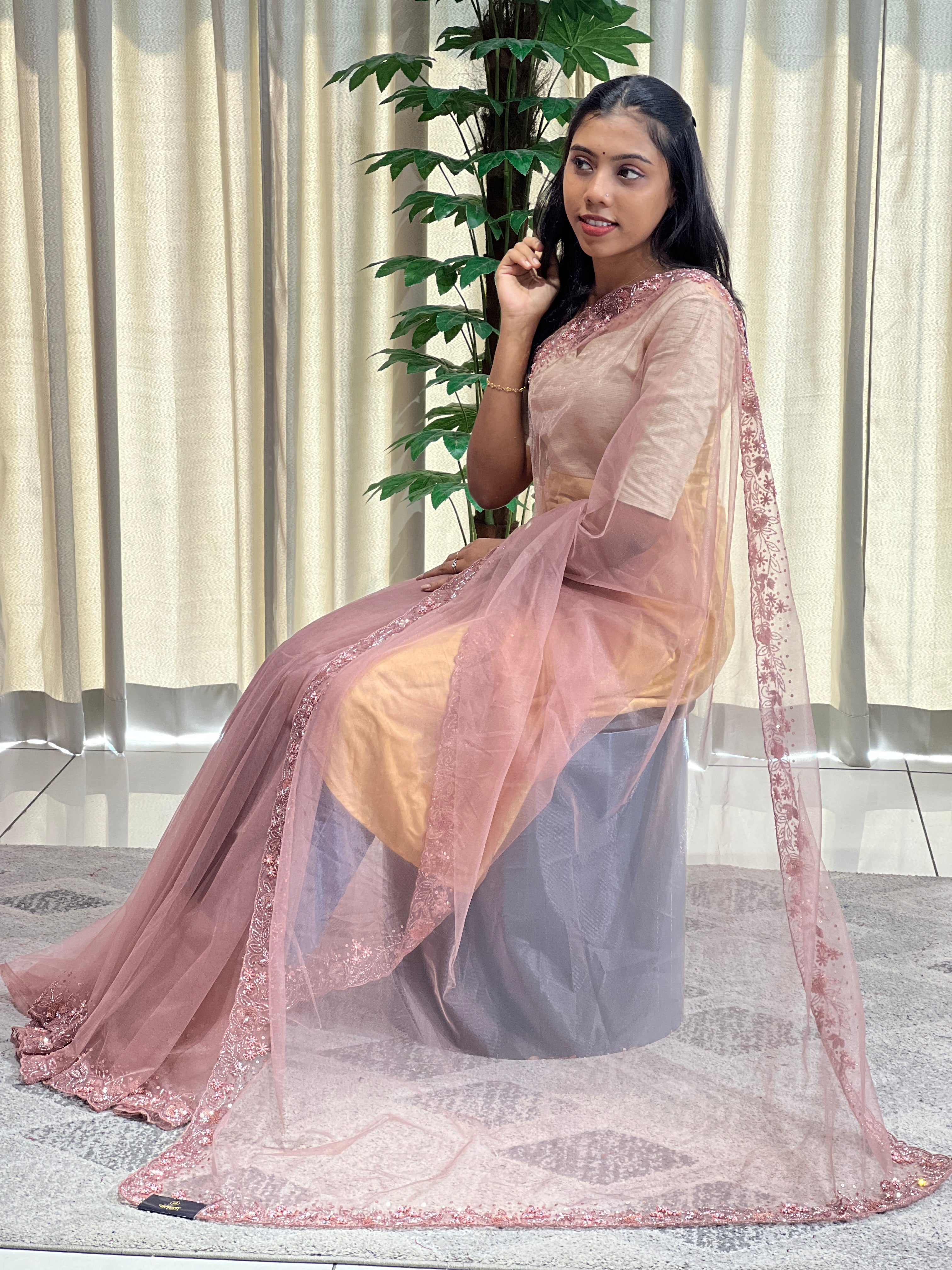 Beads Work Embroidered Net Saree | SBP1016