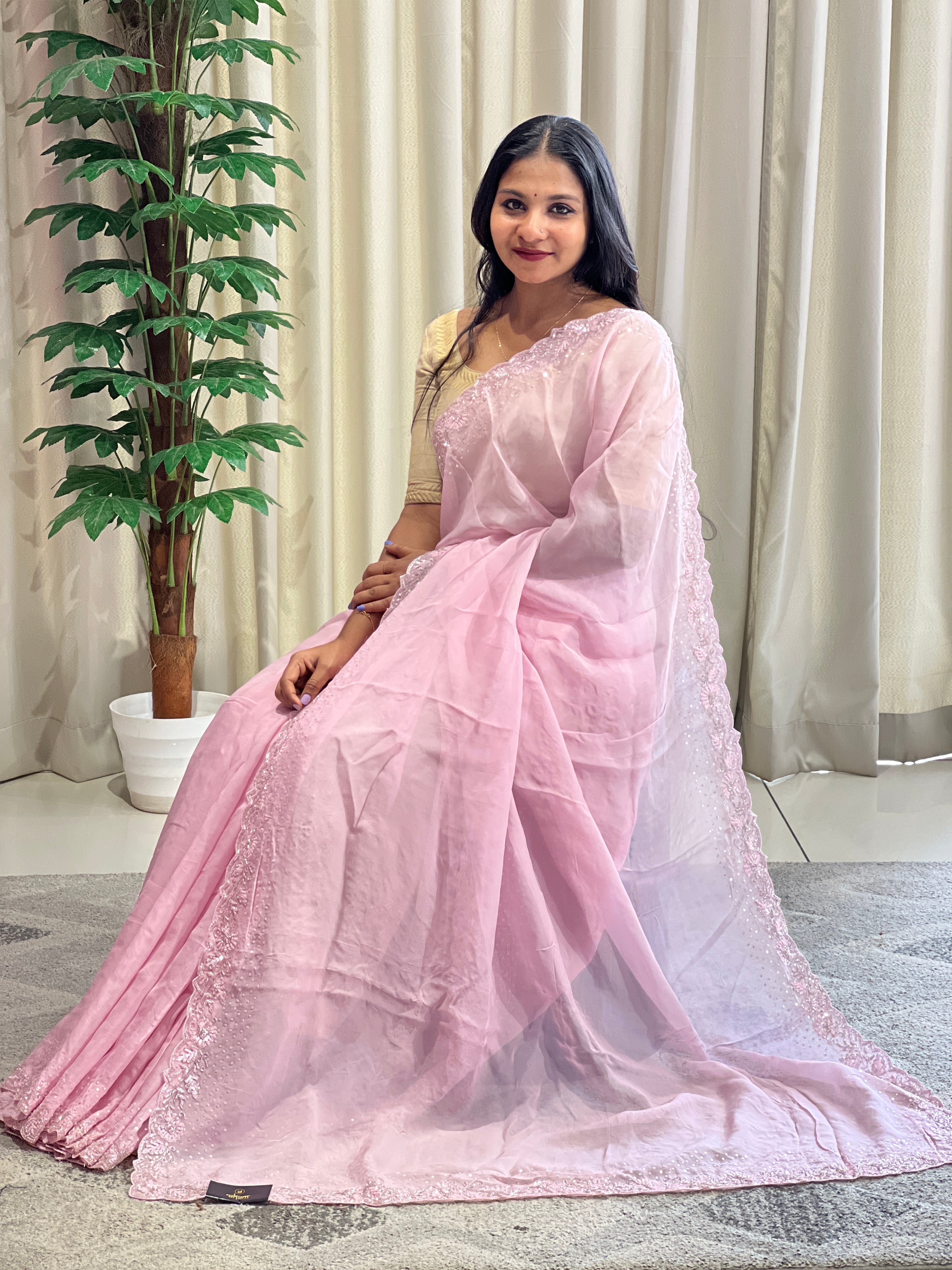 Sequence & Cut Beads Embroidered Organza Saree | SBP970