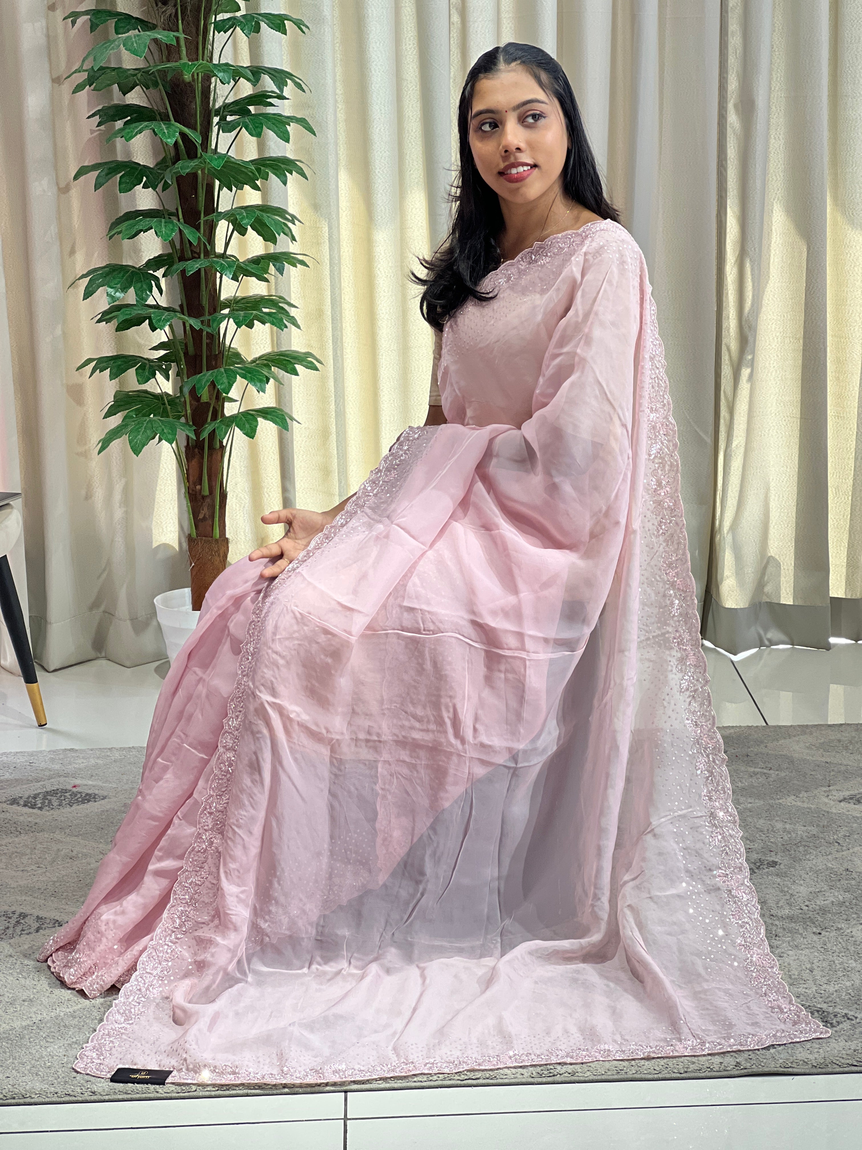 Sequence & Cut Beads Embroidered Organza Saree  | SBP972