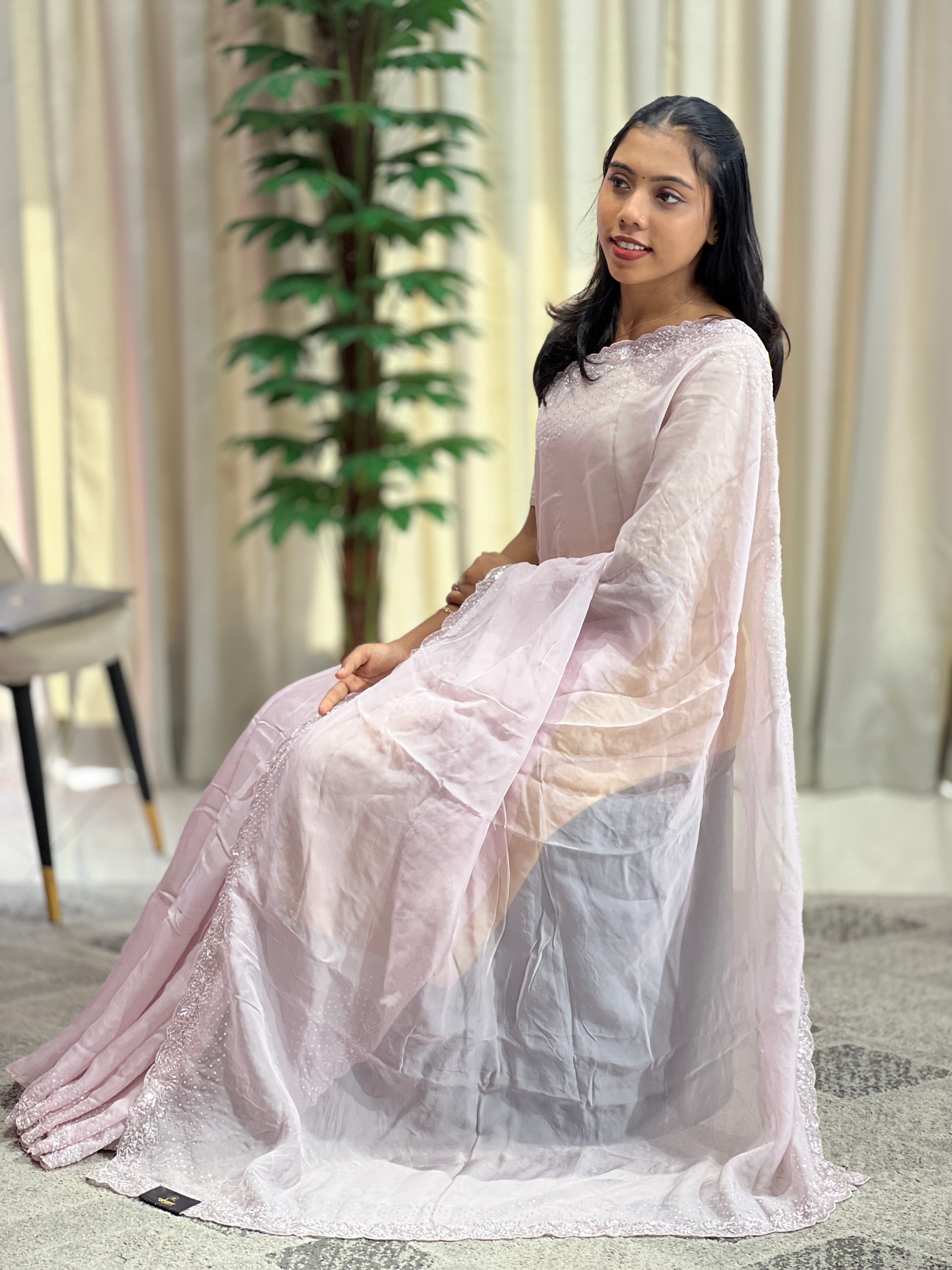 Sequence & Cut Beads Embroidered Organza Saree  | SBP973