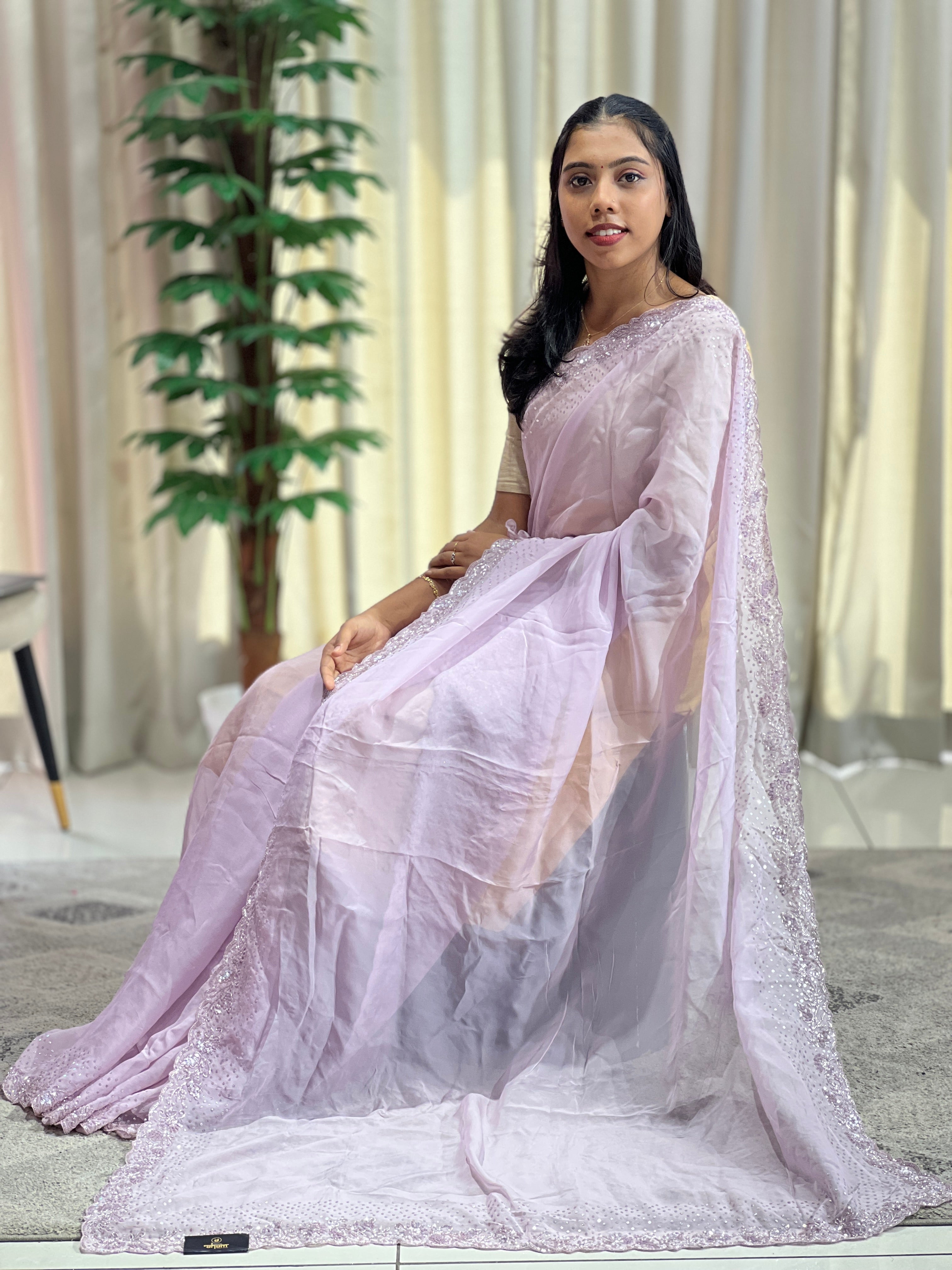 Sequence & Cut Beads Embroidered Organza Saree  | SBP971