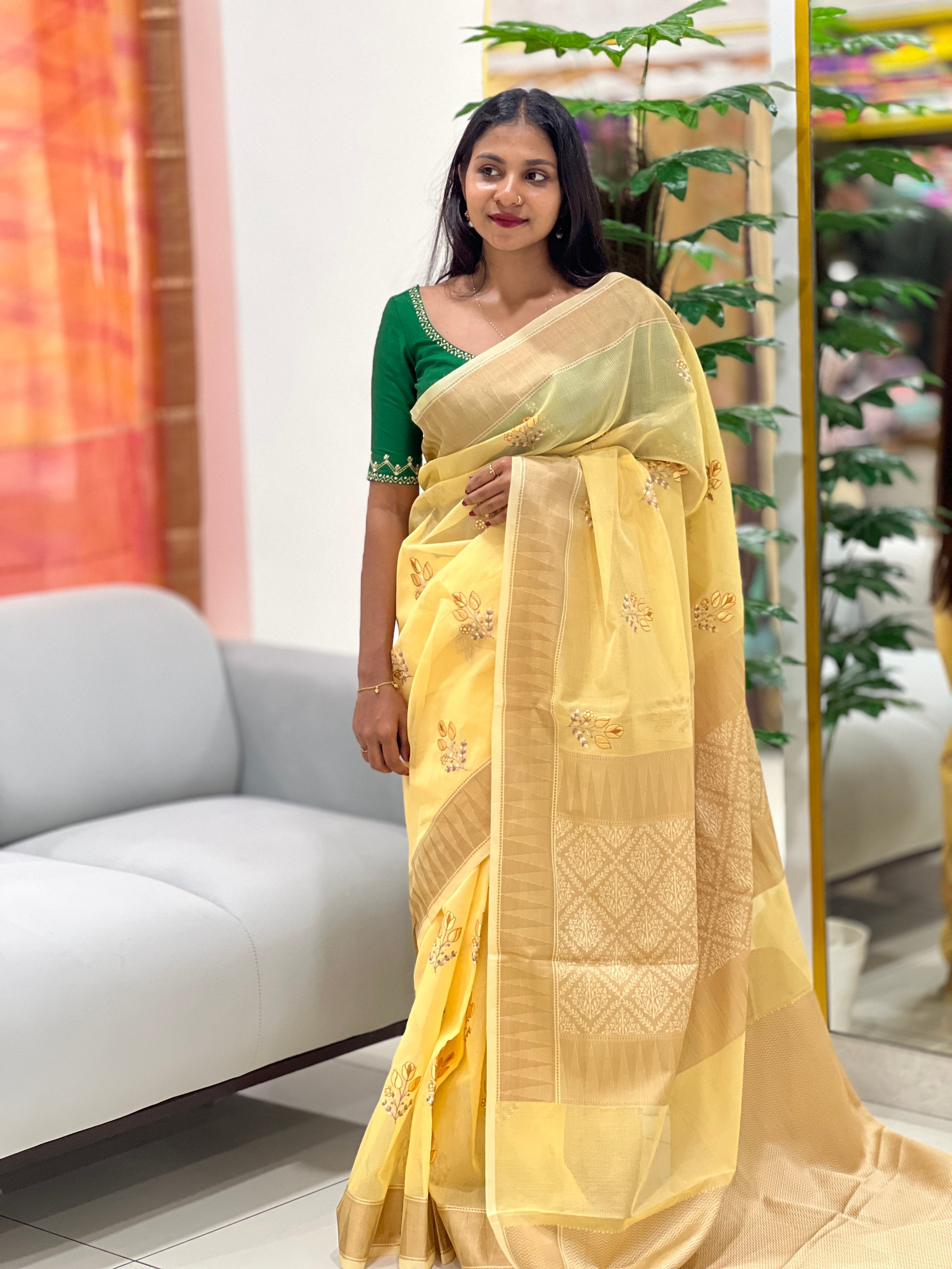 Floral Machine Embroidery Check Organza Saree | RR184