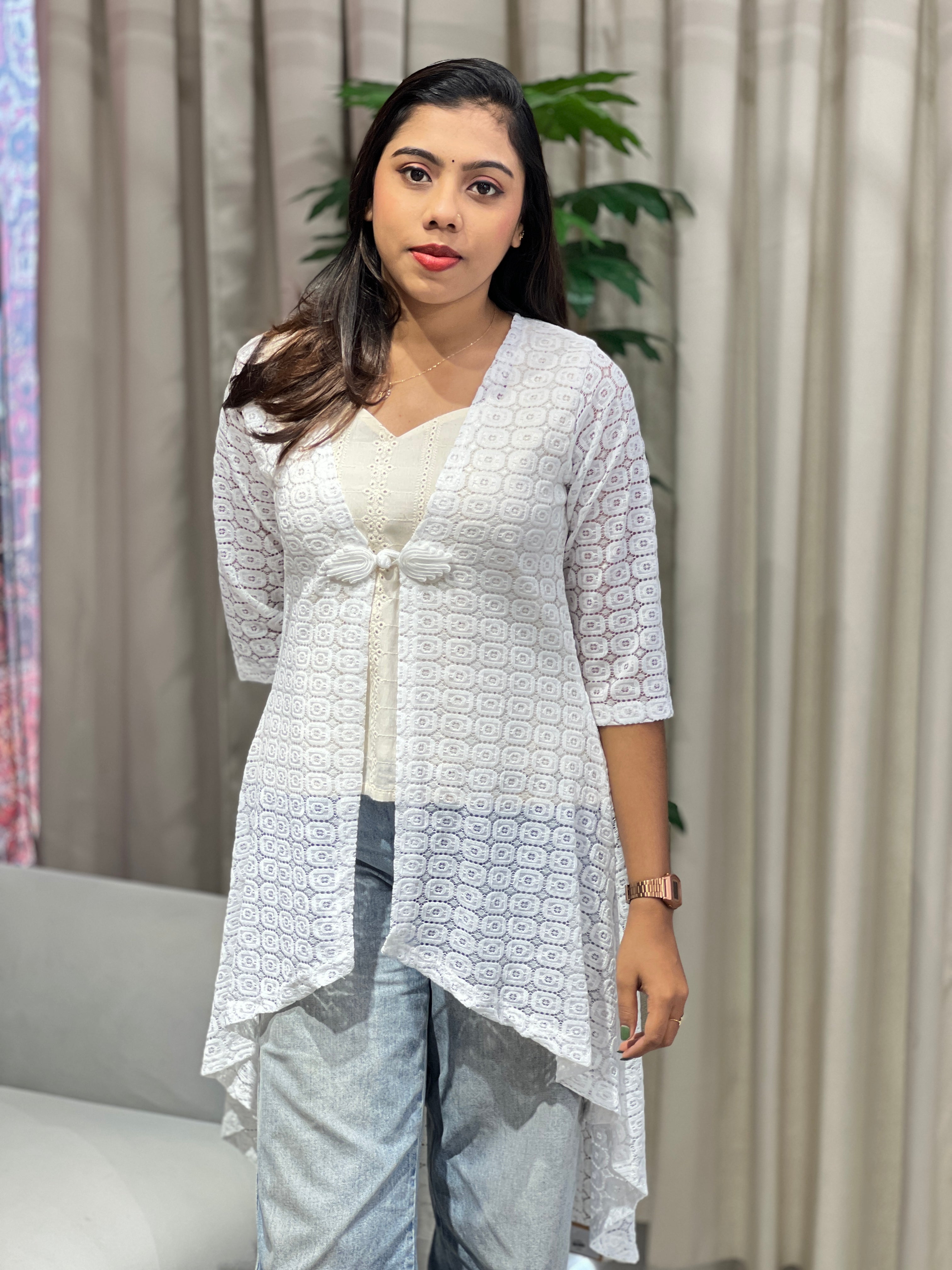 women's shrugs for dresses Inspire Chic Lace Shrug Evening Wedding Half Sleeve Ruffle Hem Elegant Shrug XL White, Black Wear it over a dress and heels for a polished evening ensemble Printed Shrug Women's Shrugs For