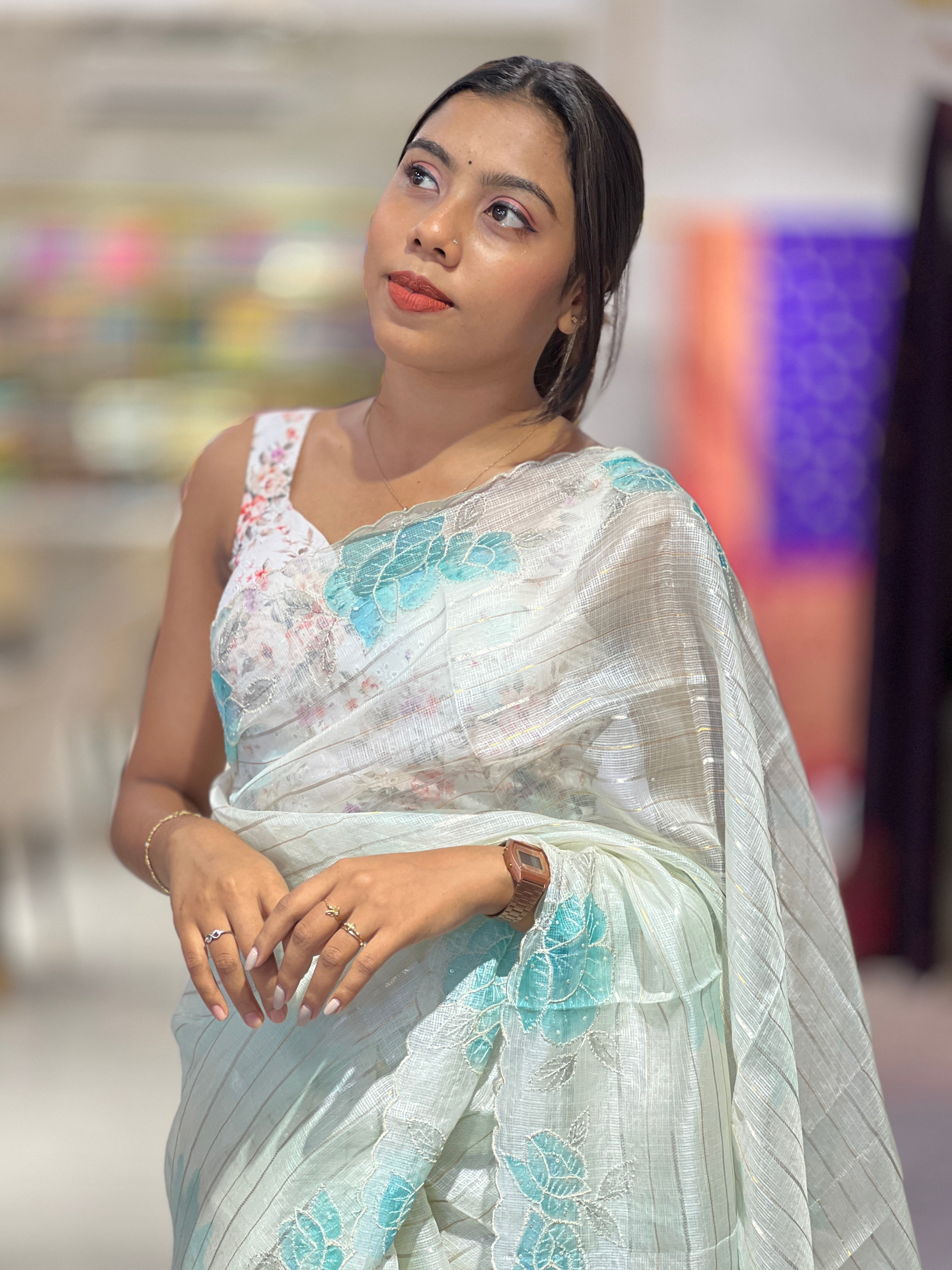 Zari Stripe With Floral Paint Detailed Silky Kota Saree | SBS1351