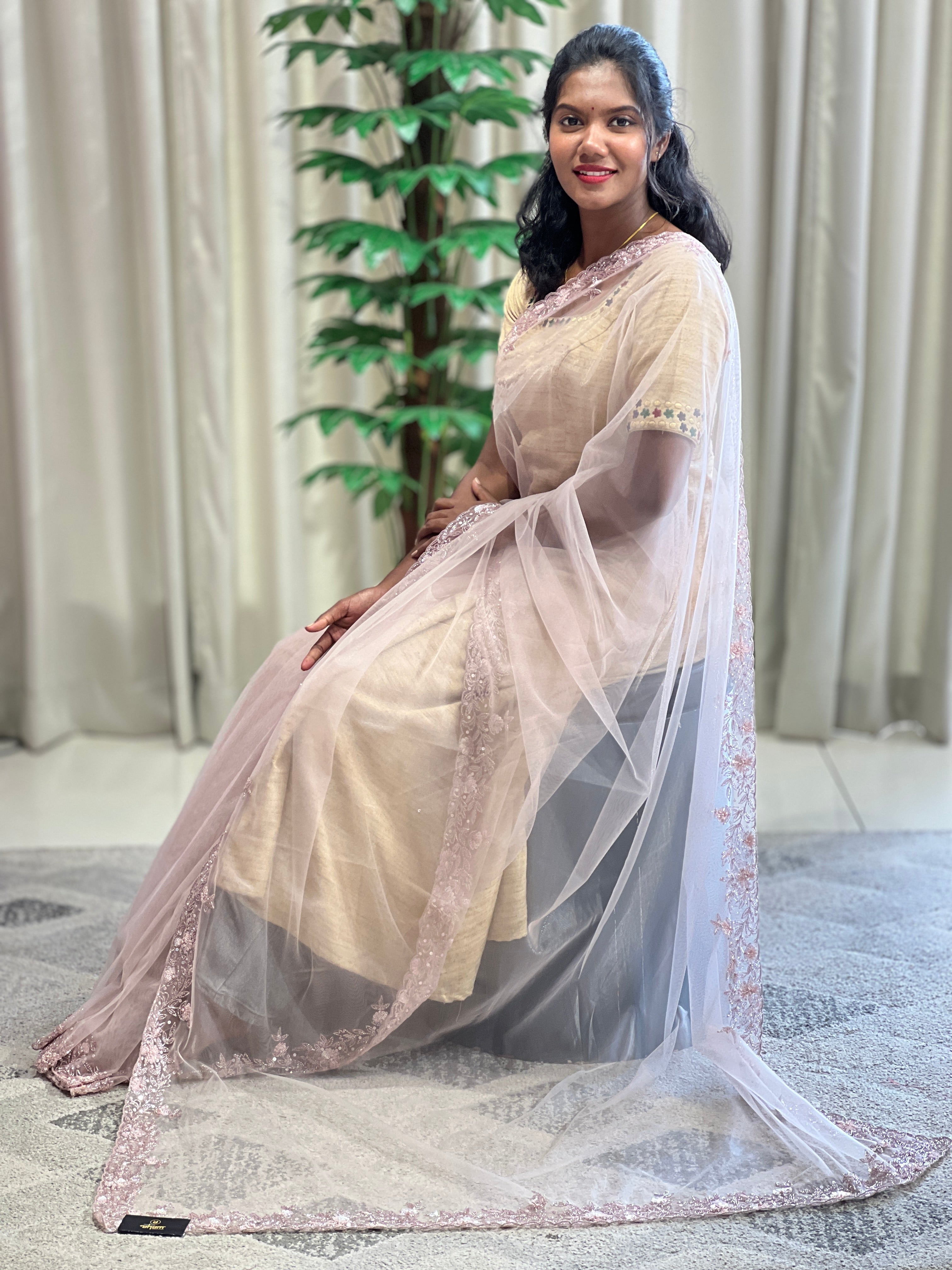 Sequence & Beads Embroidered Net Saree | SBP966