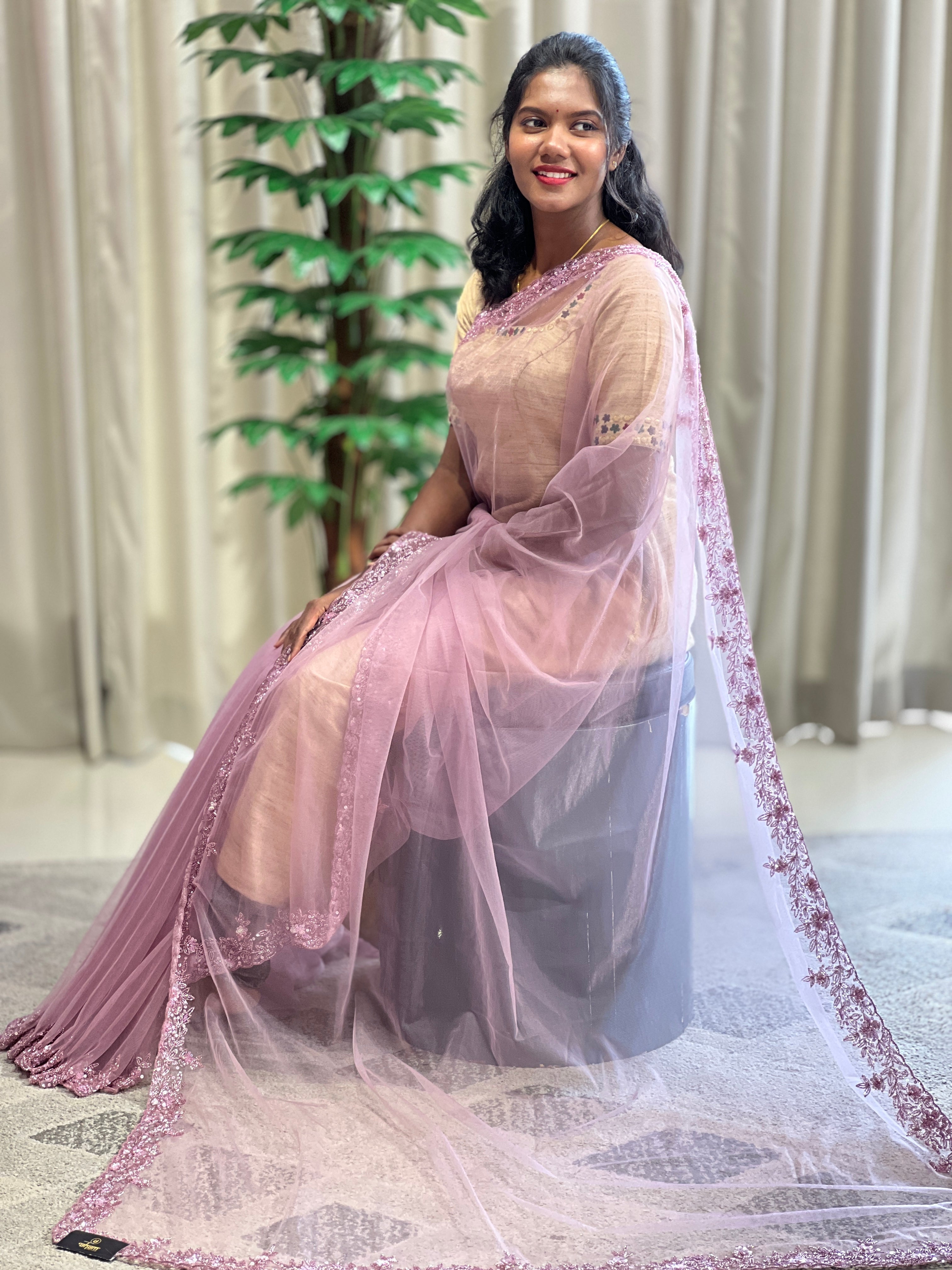 Sequence & Beads Embroidered Net Saree | SBP969