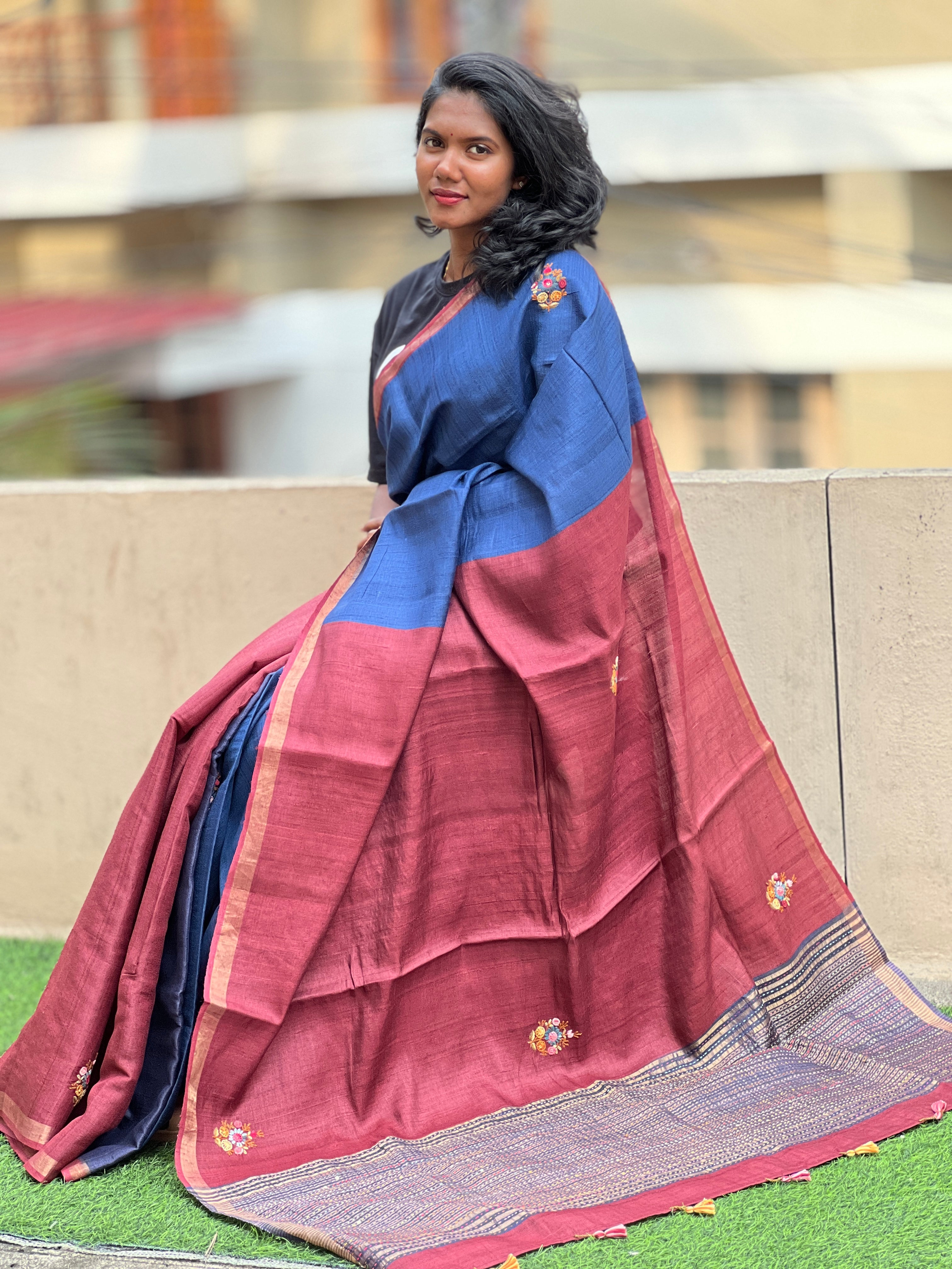 Floral Scattered Hand Embroidery Tussar Saree | RGD661