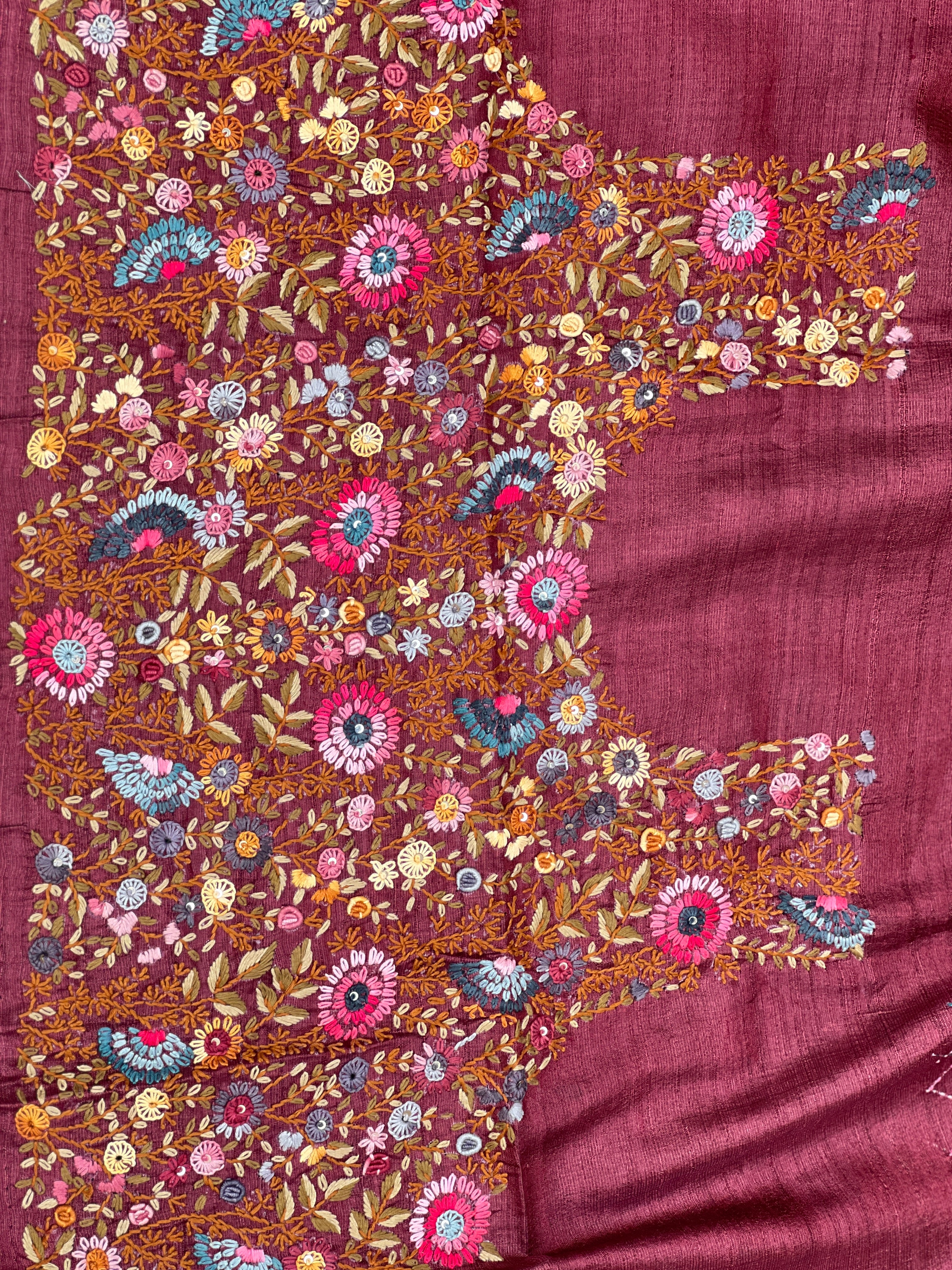 Floral Scattered Hand Embroidery Tussar Saree | RGD661