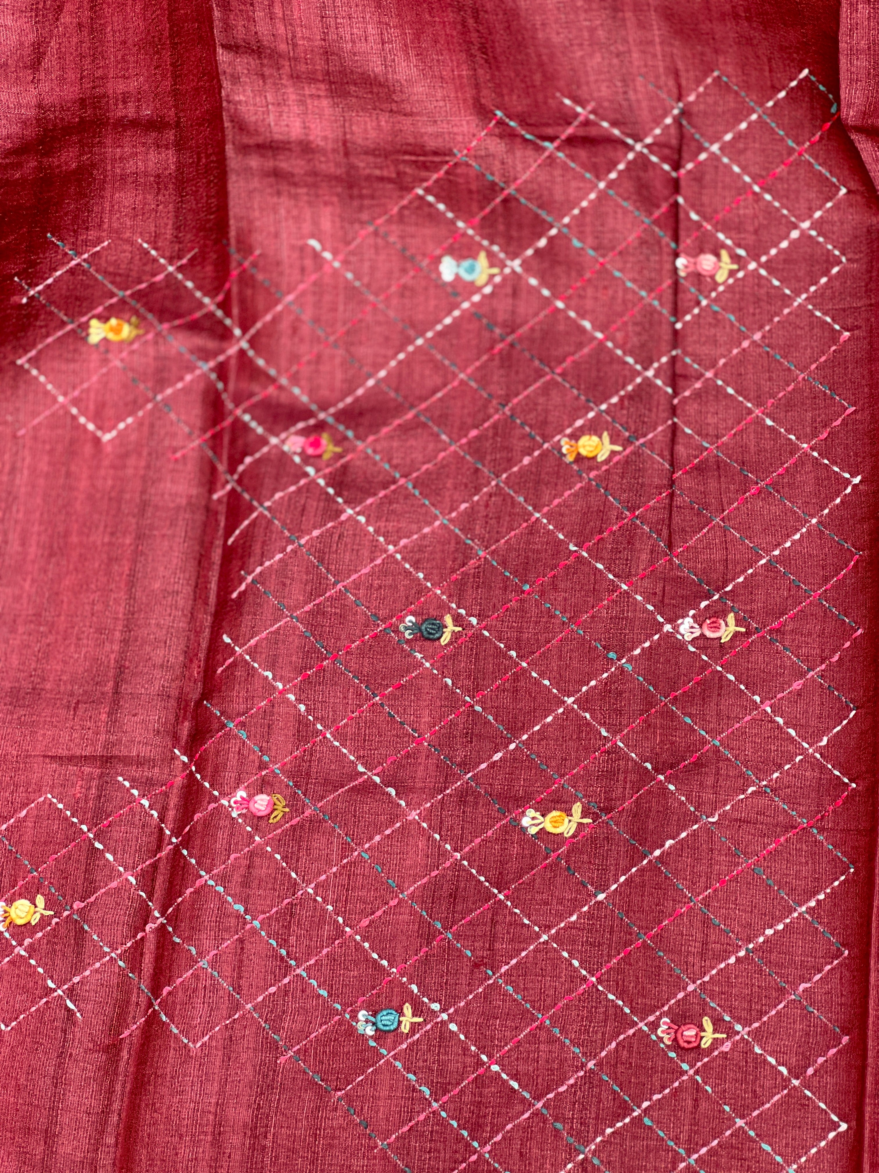 Floral Scattered Hand Embroidery Tussar Saree | RGD661