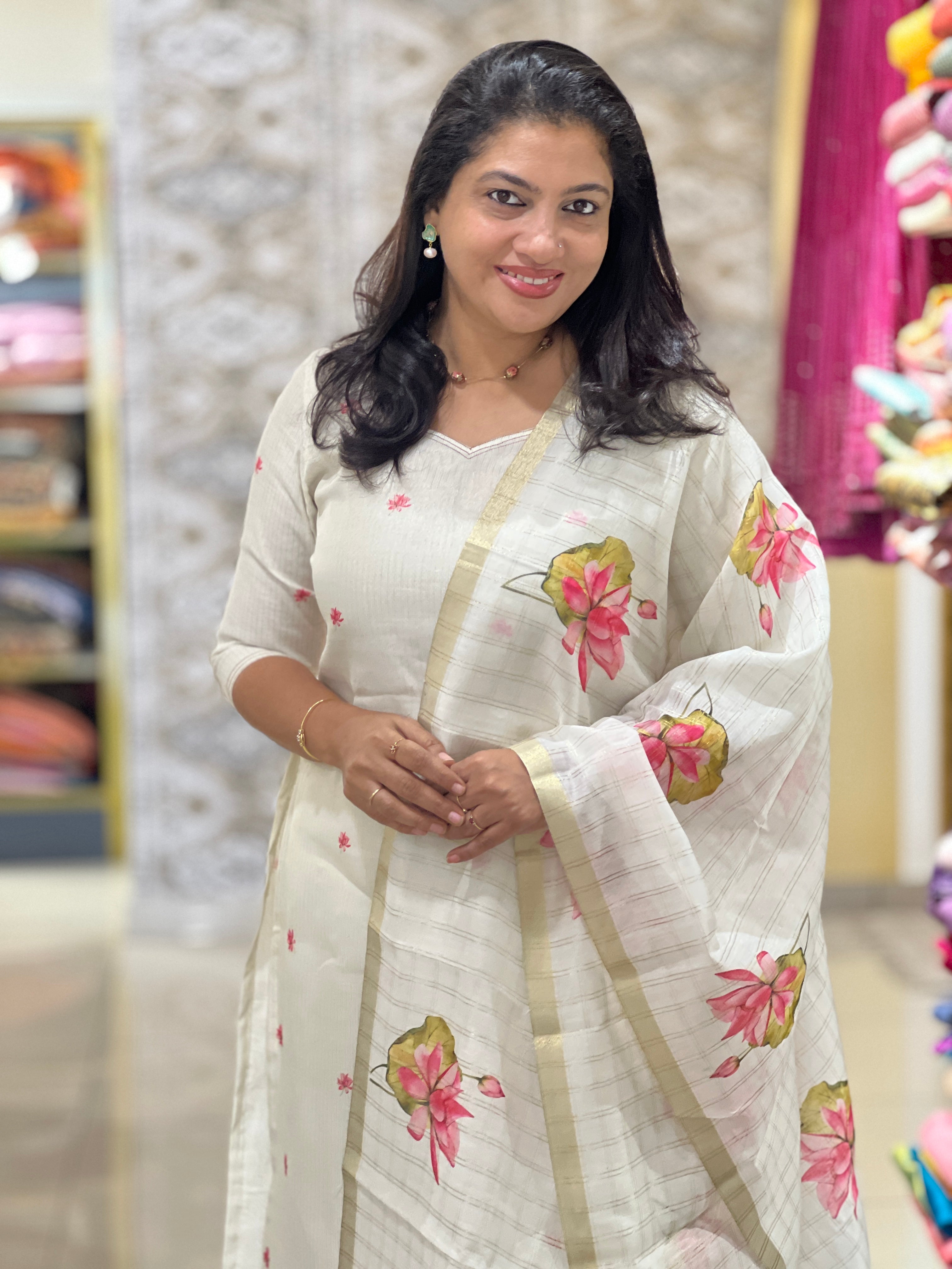 Floral Digital Print Detailed Chanderi Salwar Set (Unstitched) | MR146