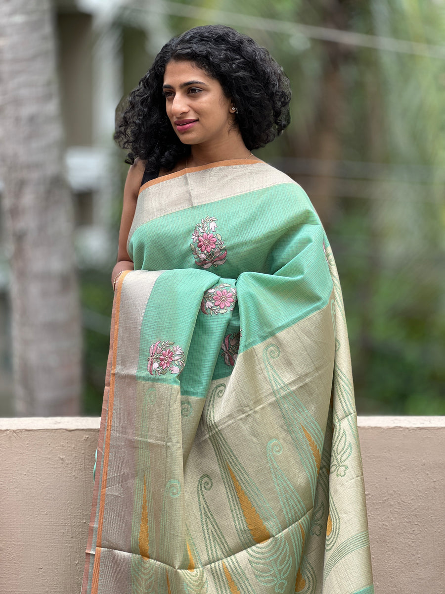 Banarasi Chanderi Saree with Multi Color Ombre style Resham Motifs