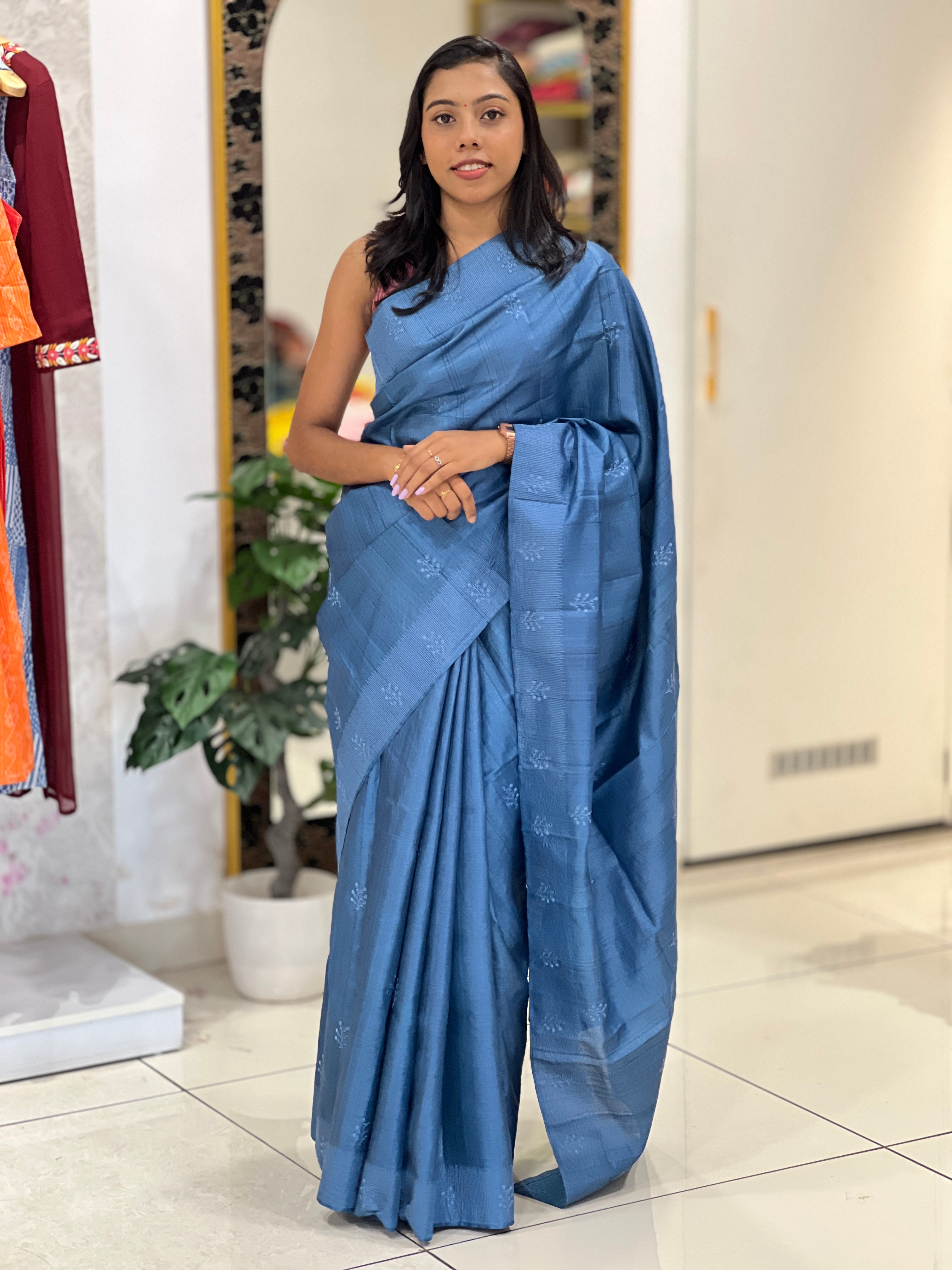 Floral Embroidery Detailed Tussar Saree | SBP654