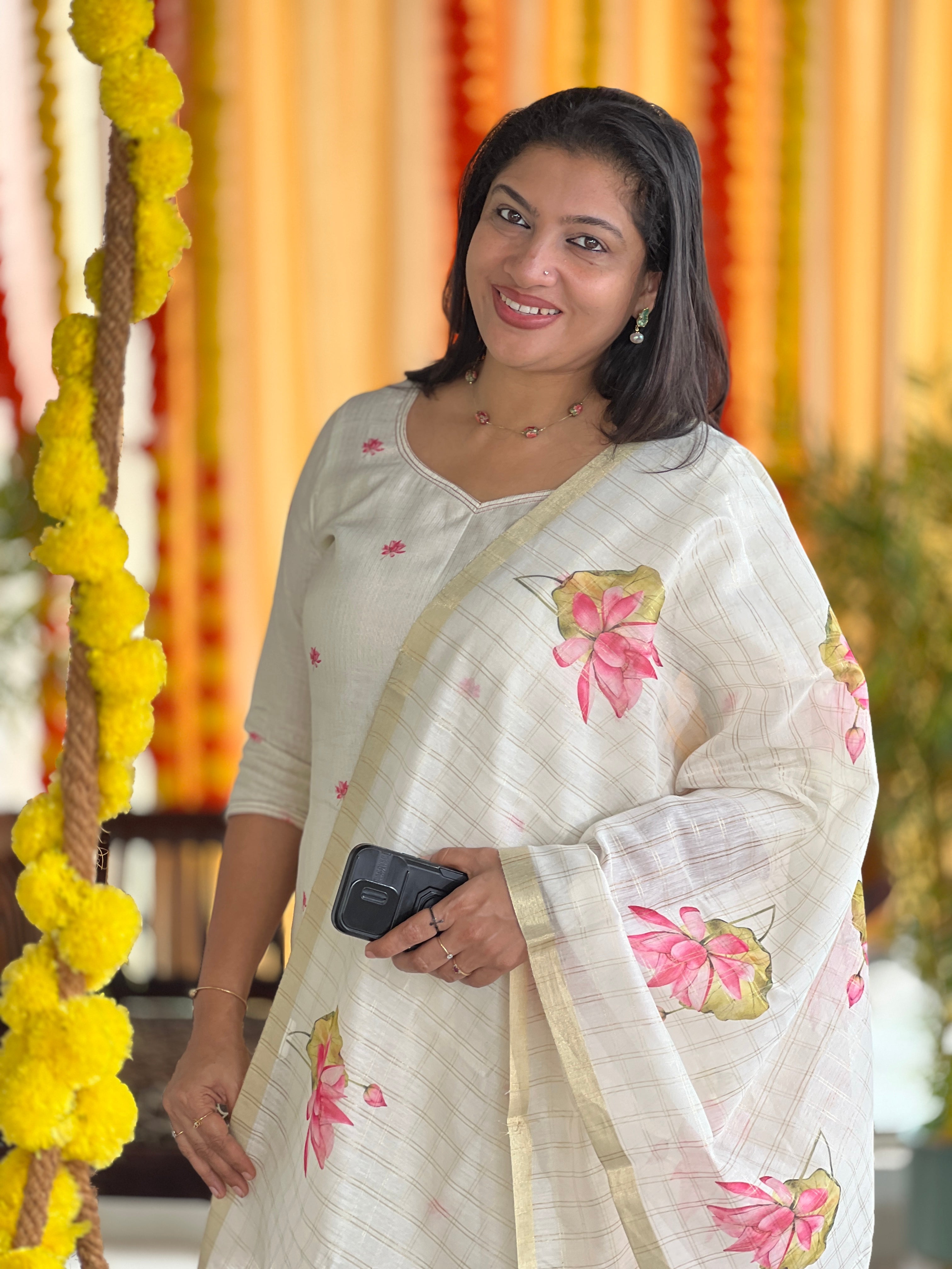 Floral Digital Print Detailed Chanderi Salwar Set (Unstitched) | MR146