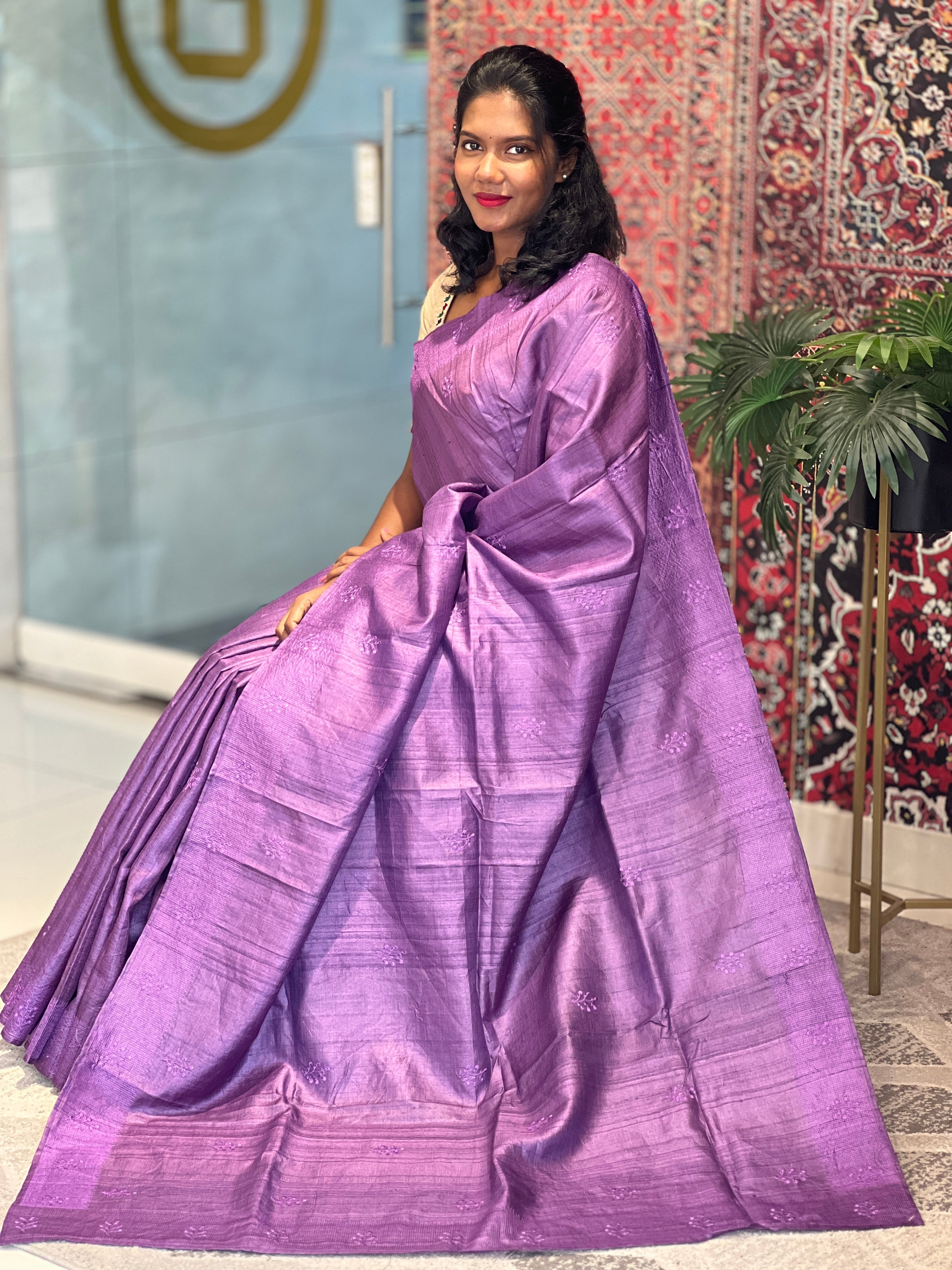 Floral Embroidery Detailed Tussar Saree | SBP656