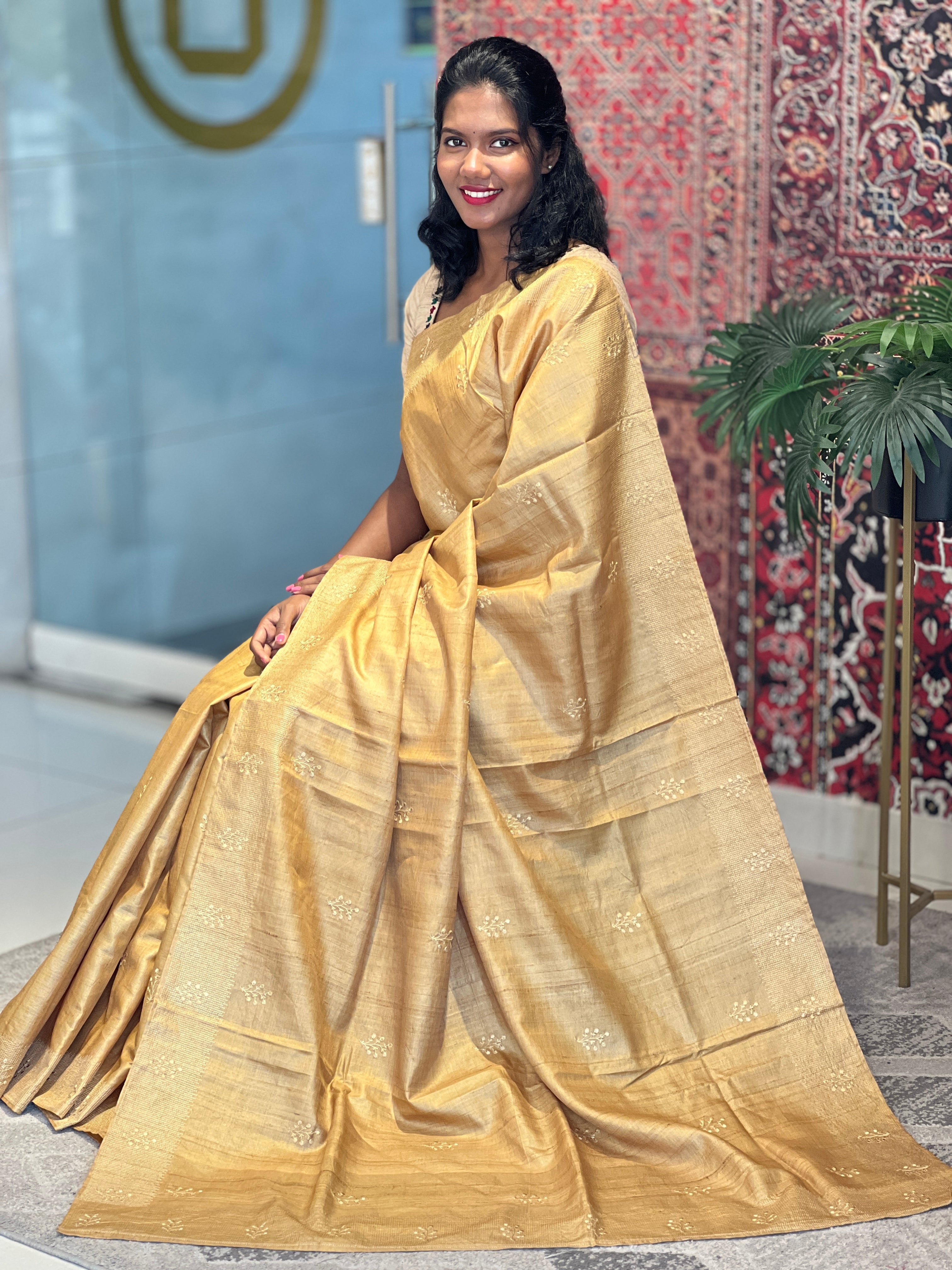 Floral Embroidery Detailed Tussar Saree | SBP655