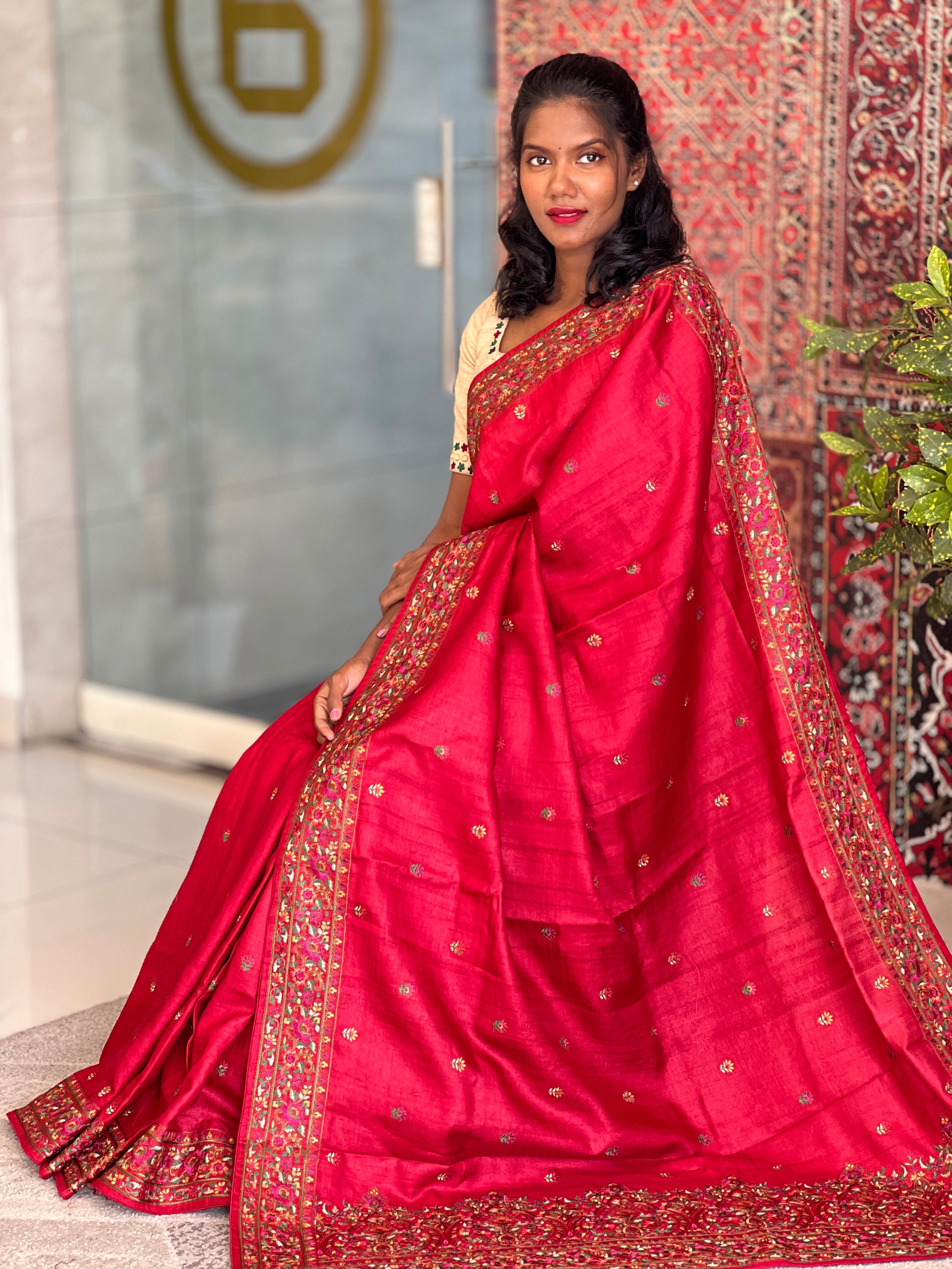 Multi-Color Thread Embroidery Pure Tussar Saree | SBS1242