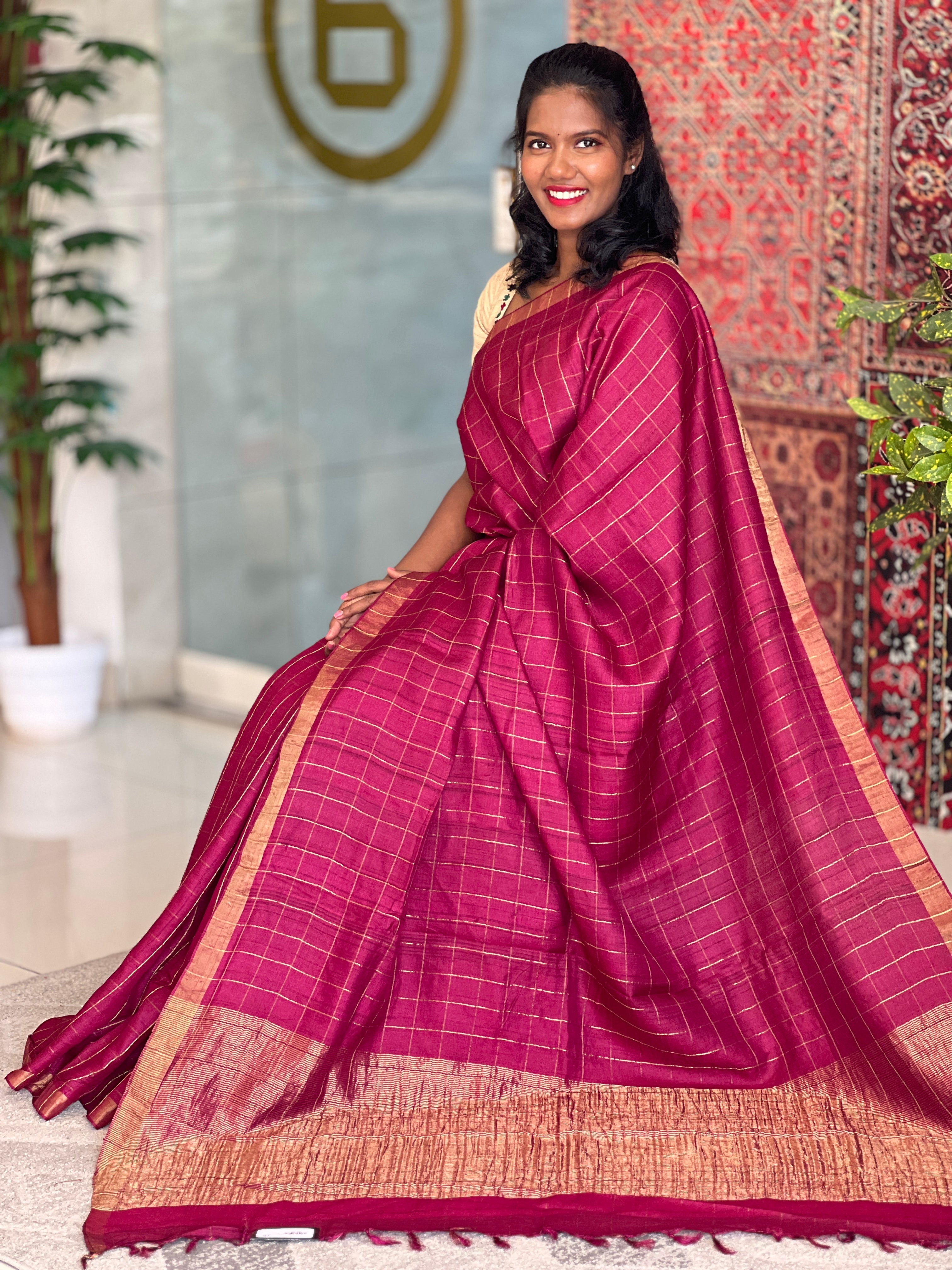 Check Patterned Tussar Saree | SBS1257