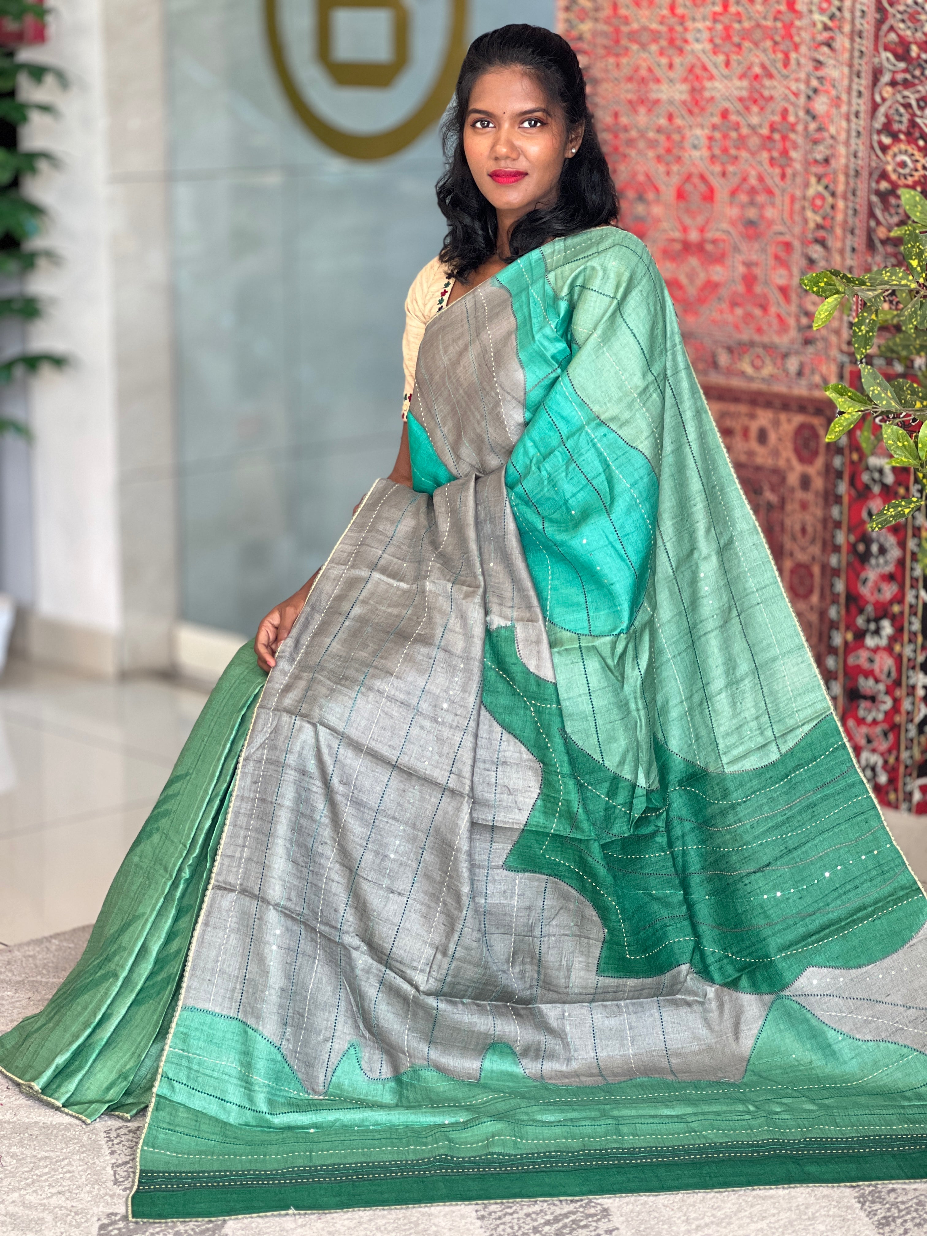 Print & Kantha Detailed Tussar Saree | KSD165